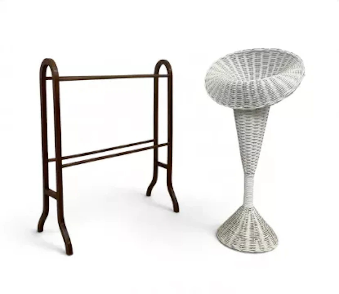 A vintage loom style wicker jardiniere and an Edwardian mahogany towel