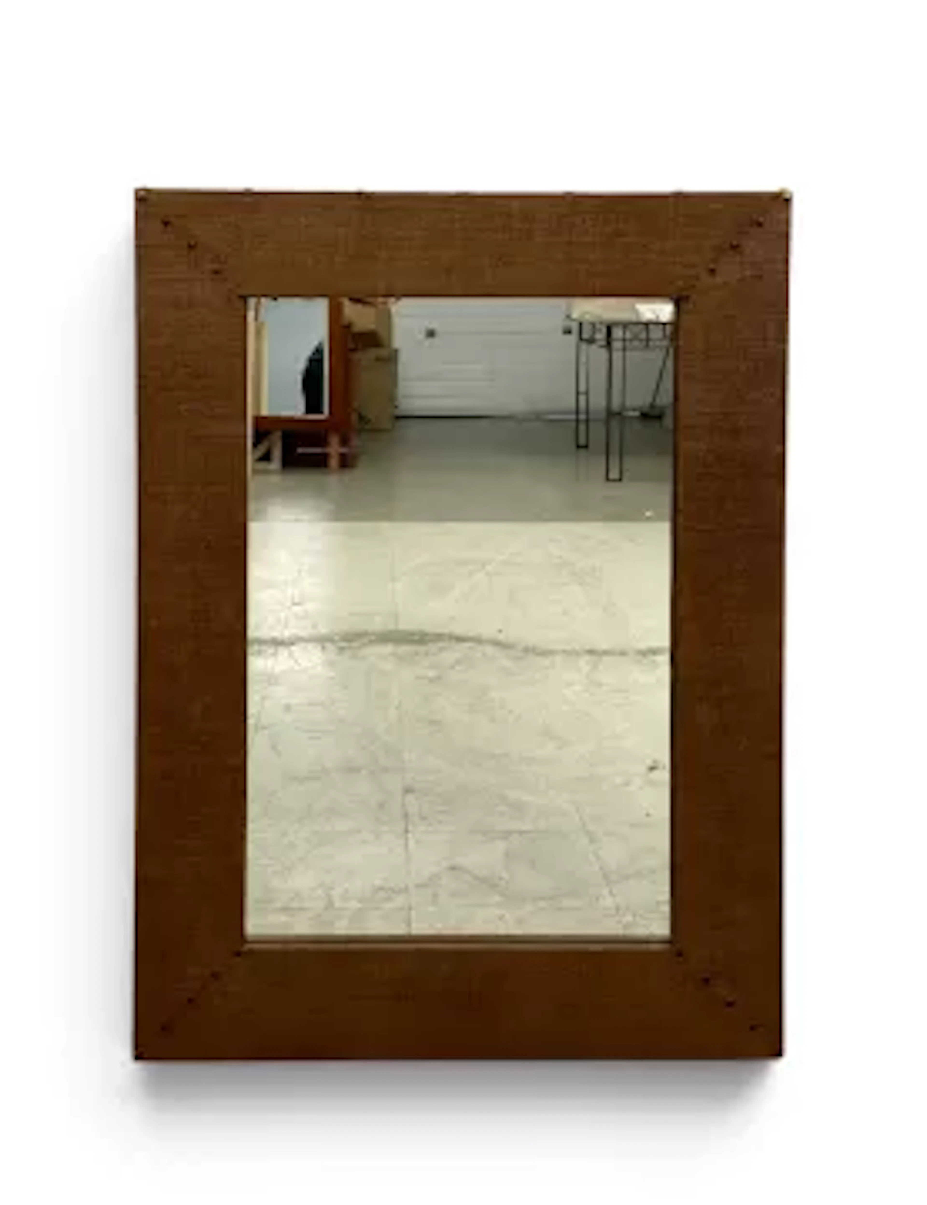 A contemporary wall mirror with a decorative hessian frame. H.102 x W.76cm