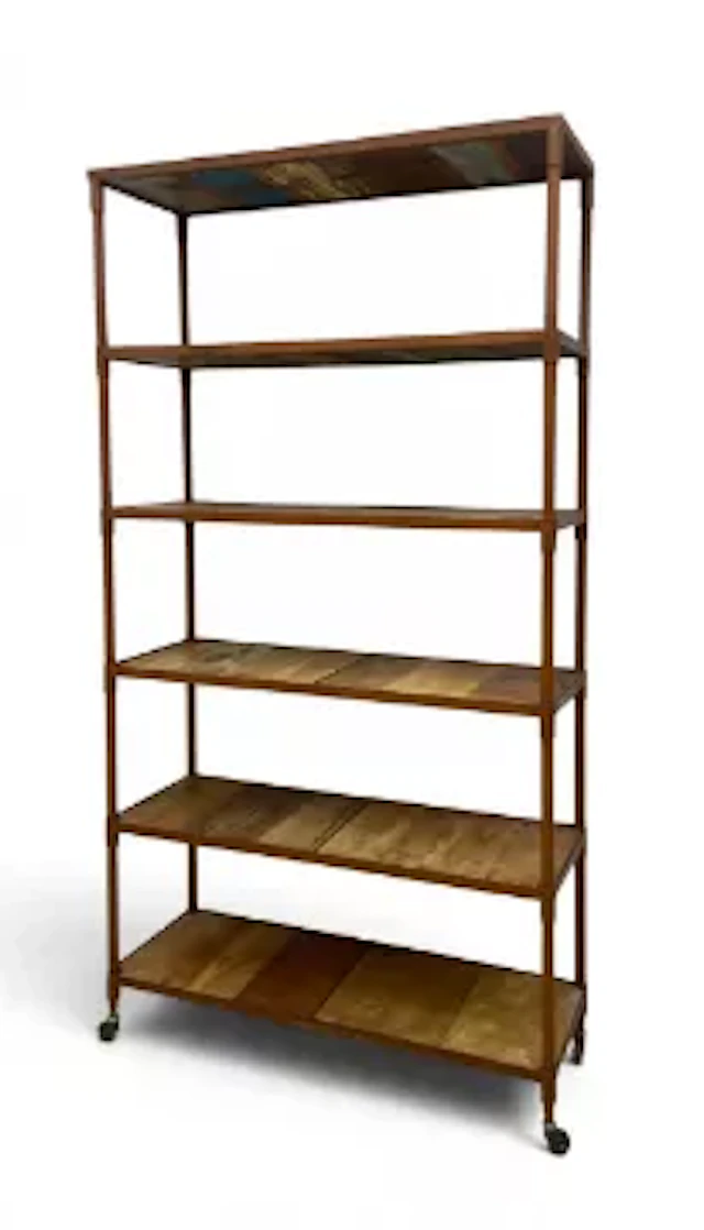 A contemporary set of wall shelves or open bookcase with reclaimed