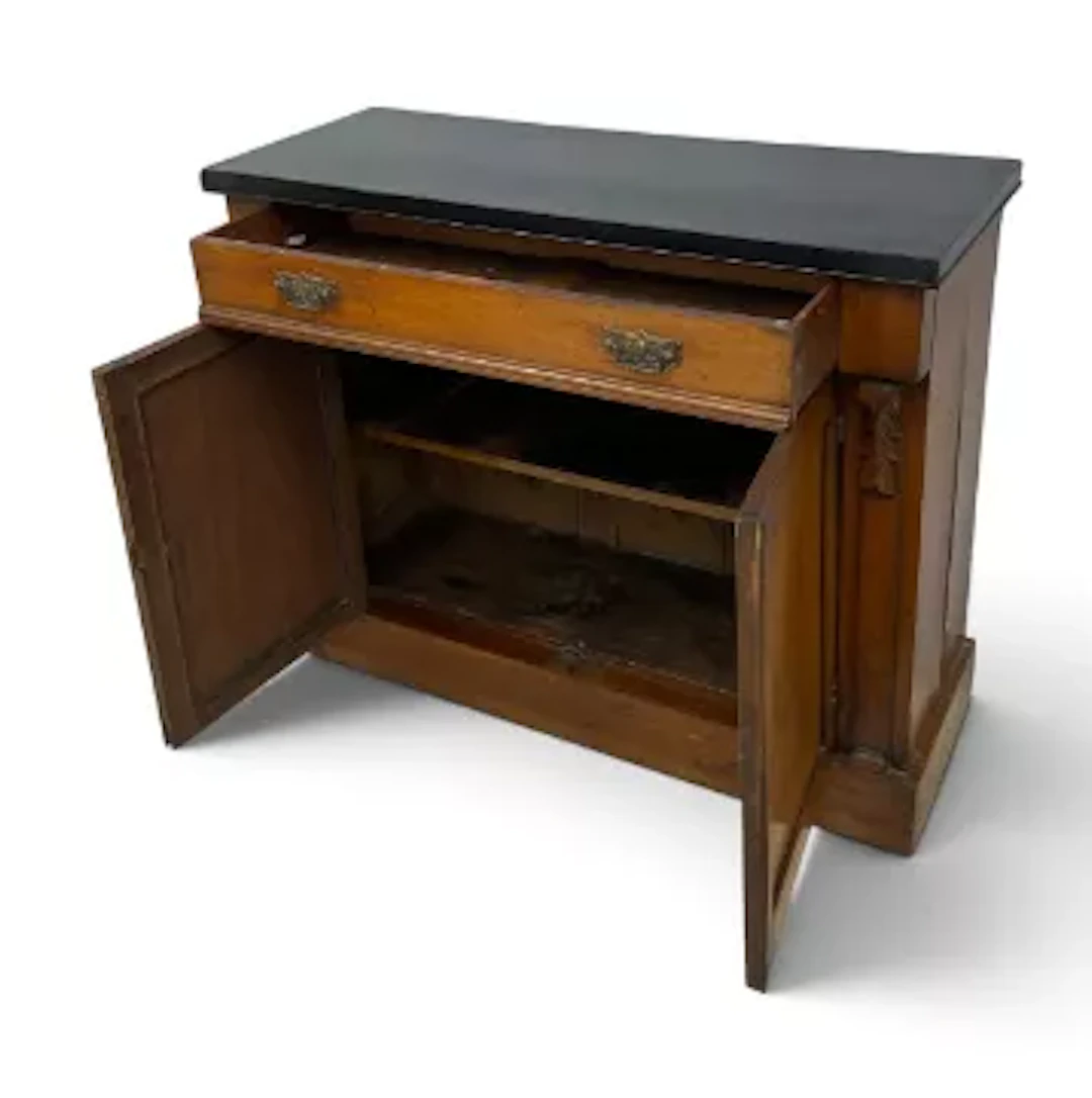 A 19th century walnut side cabinet with painted ebonised top above