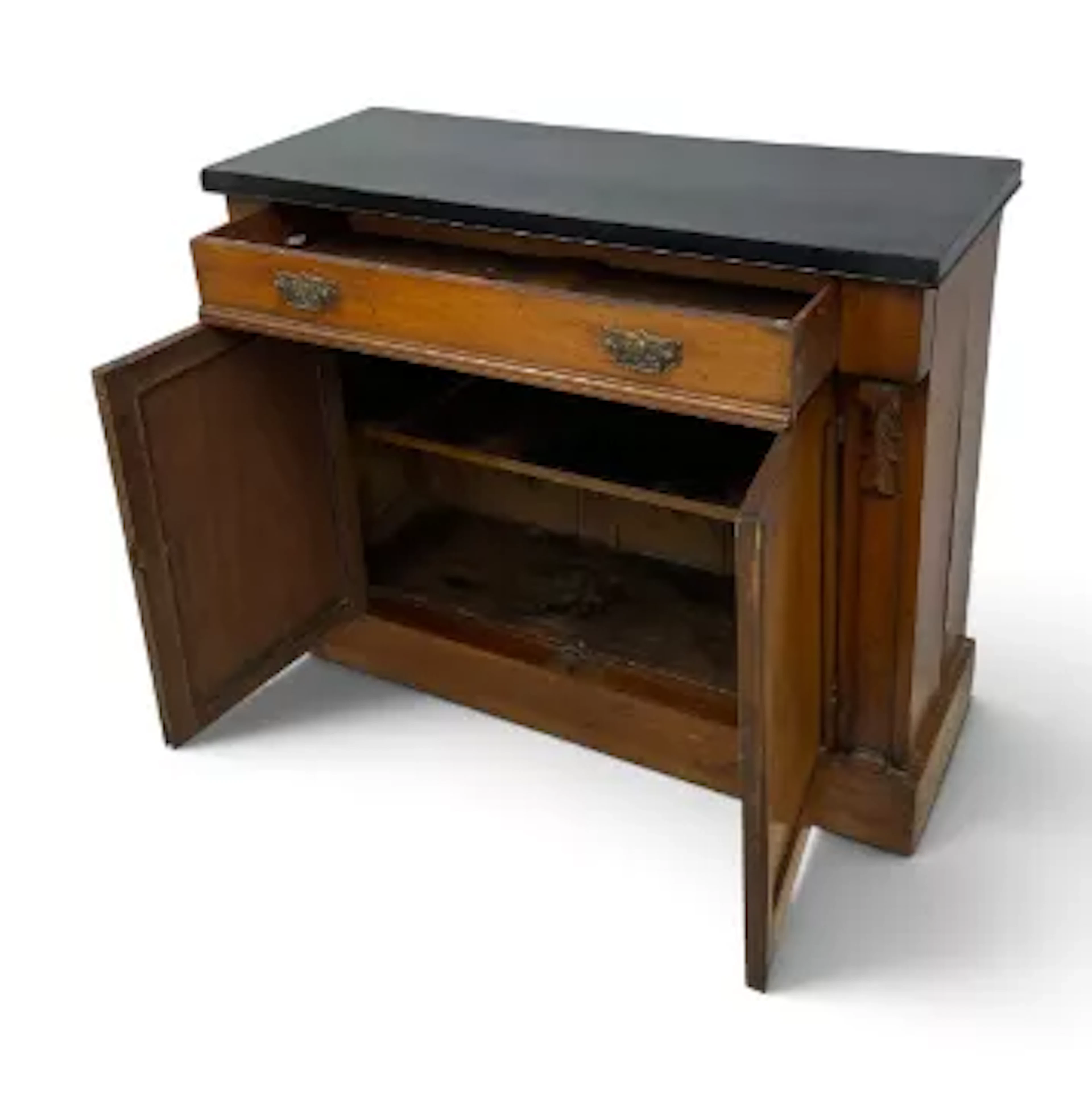 A 19th century walnut side cabinet with painted ebonised top above