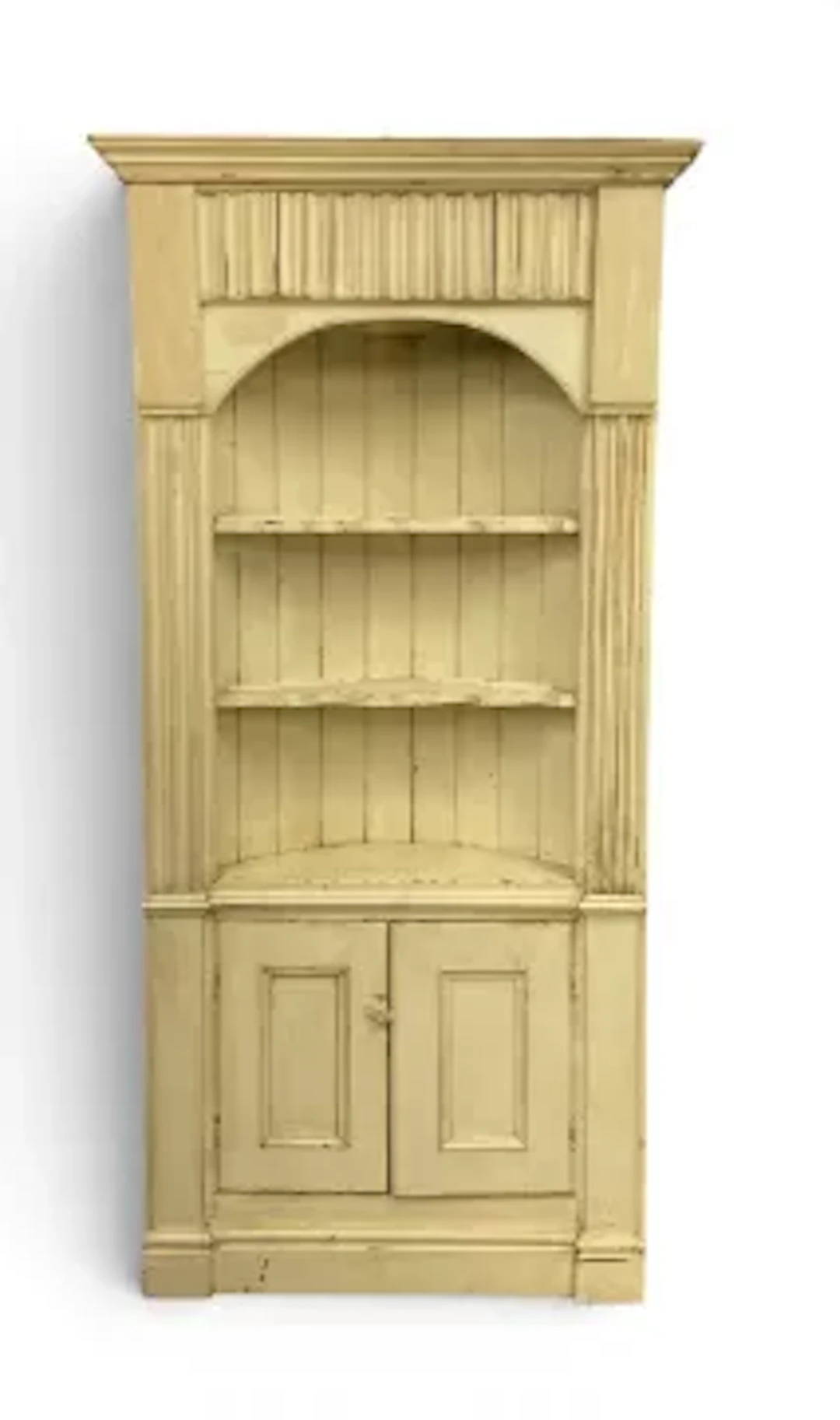 A 19th century painted corner cabinet with open section above panel