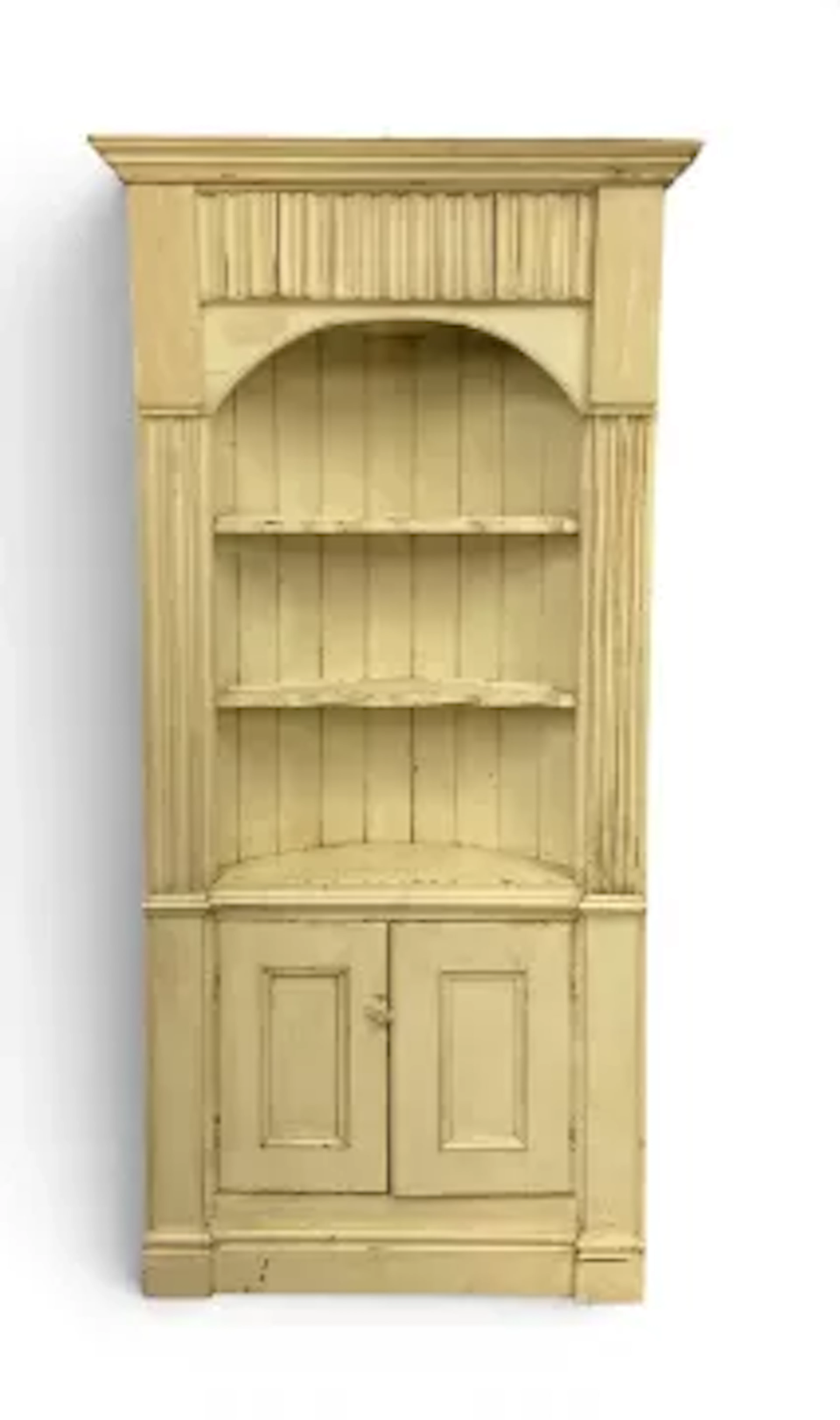 A 19th century painted corner cabinet with open section above panel