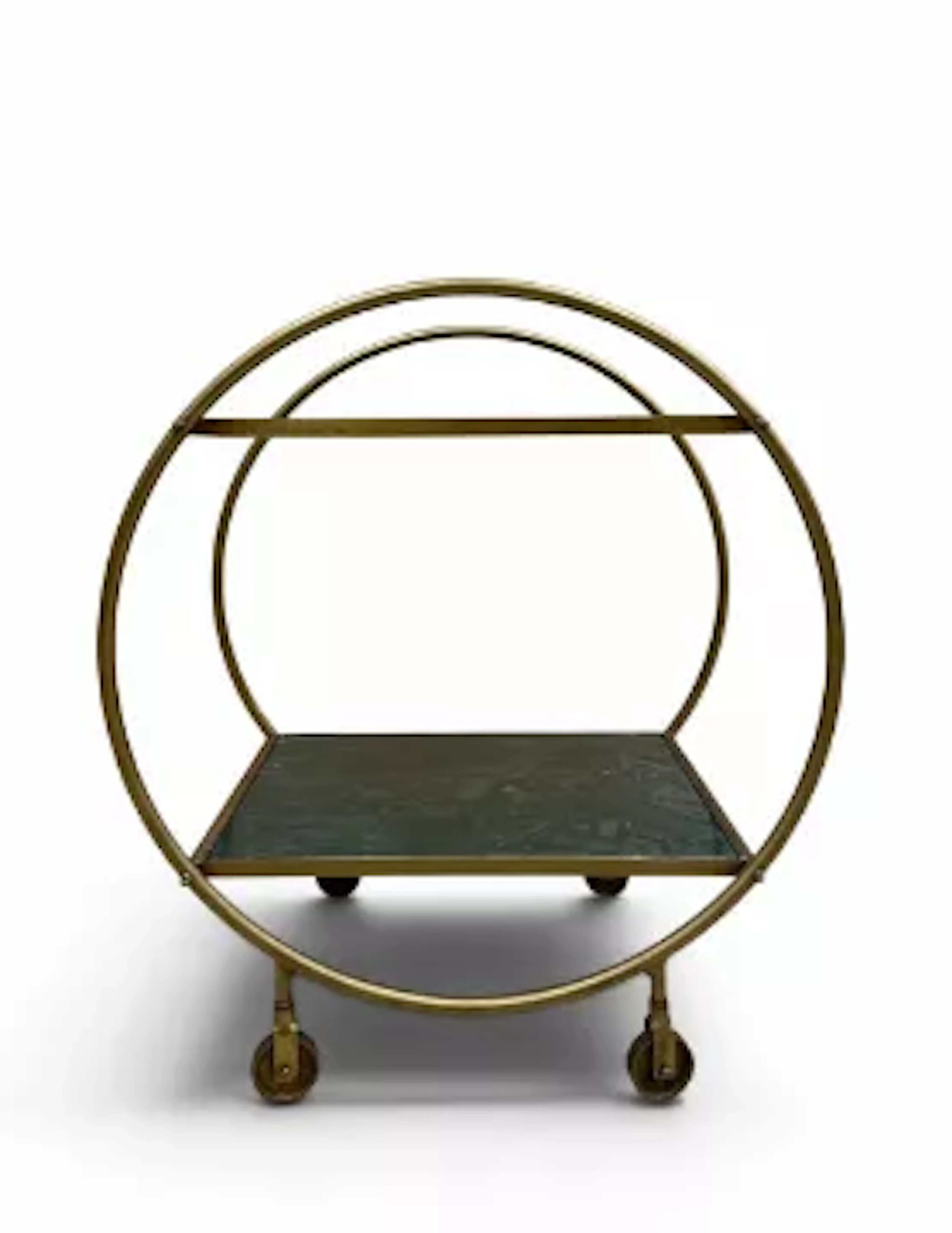 A contemporary Hollywood Regency style drinks trolley with two square