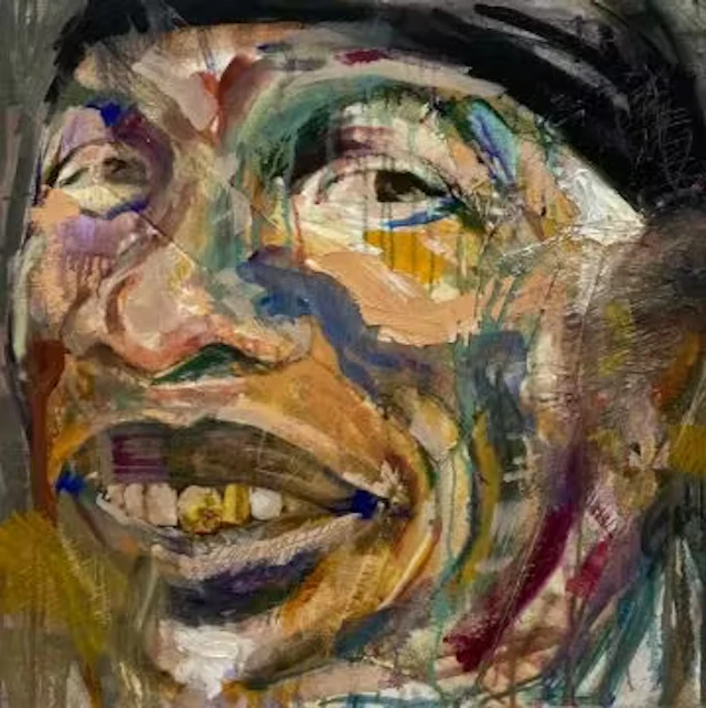 A contemporary oil portrait on canvas titled 'Man with Gold Tooth'