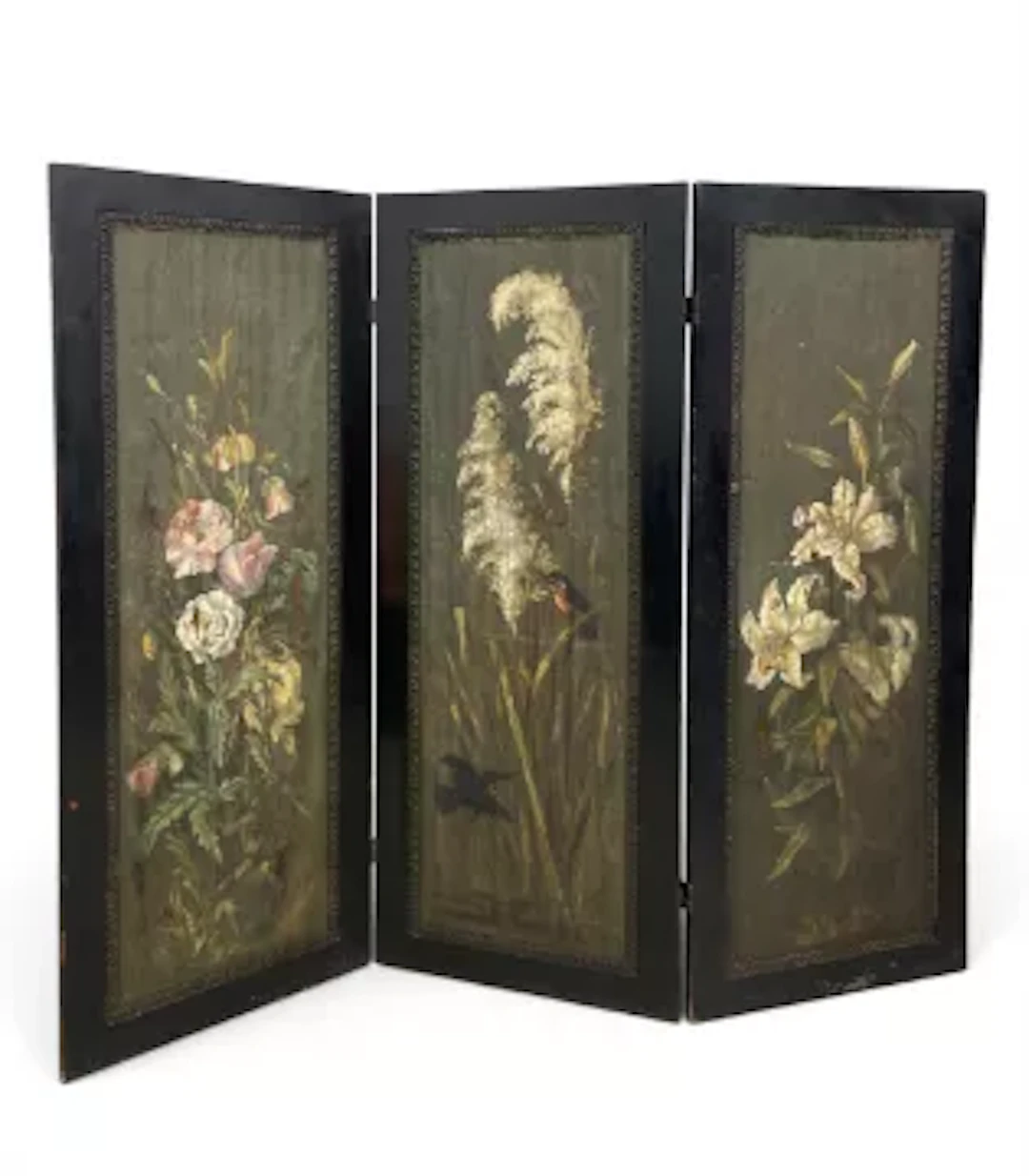 A 19th century three panel hardwood screen or room divider, hand painted