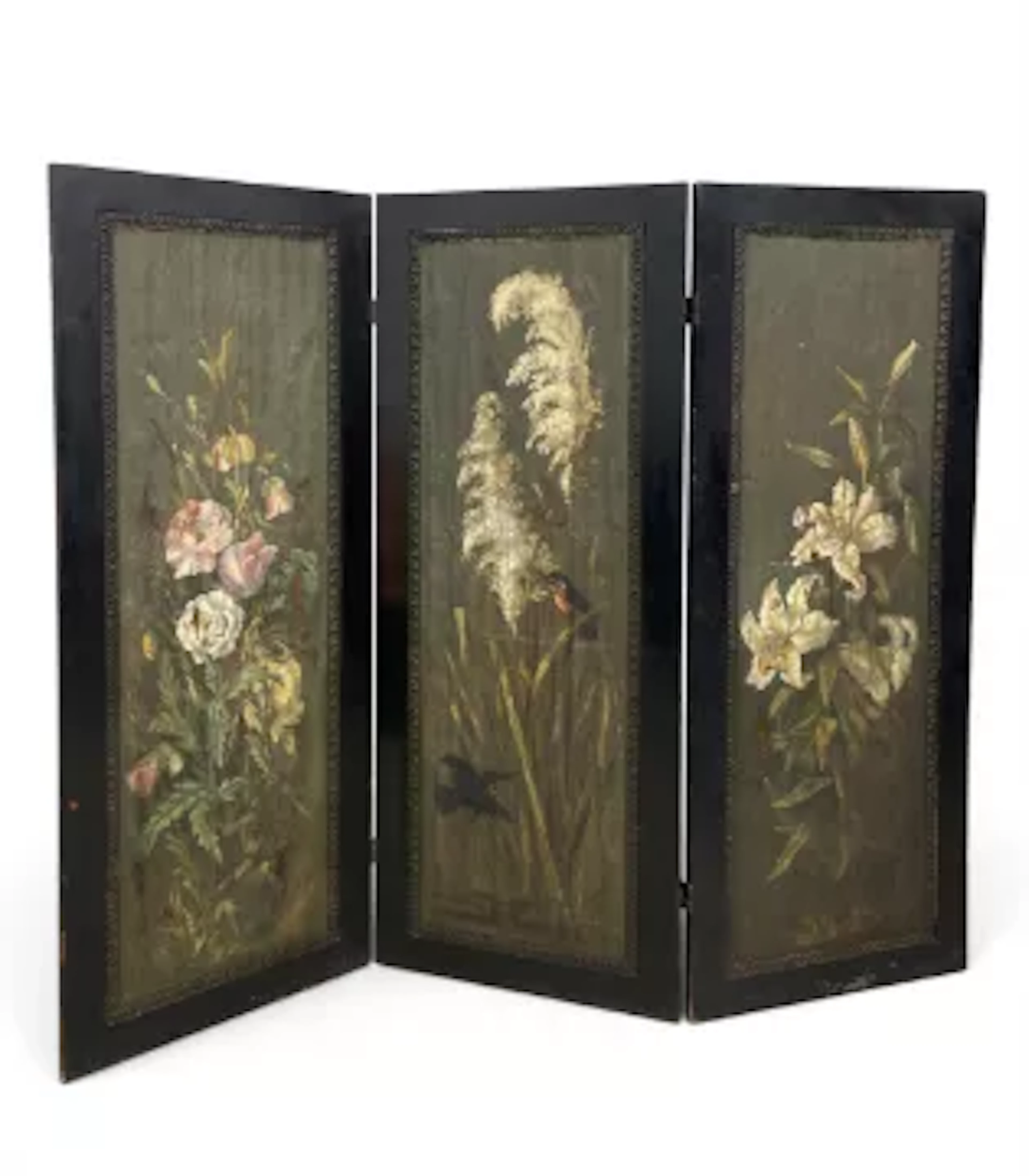 A 19th century three panel hardwood screen or room divider, hand painted