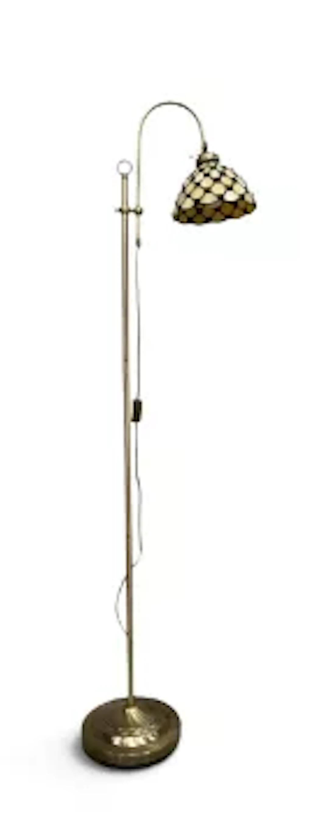 A contemporary floor standard lamp with a Tiffany style glass shade