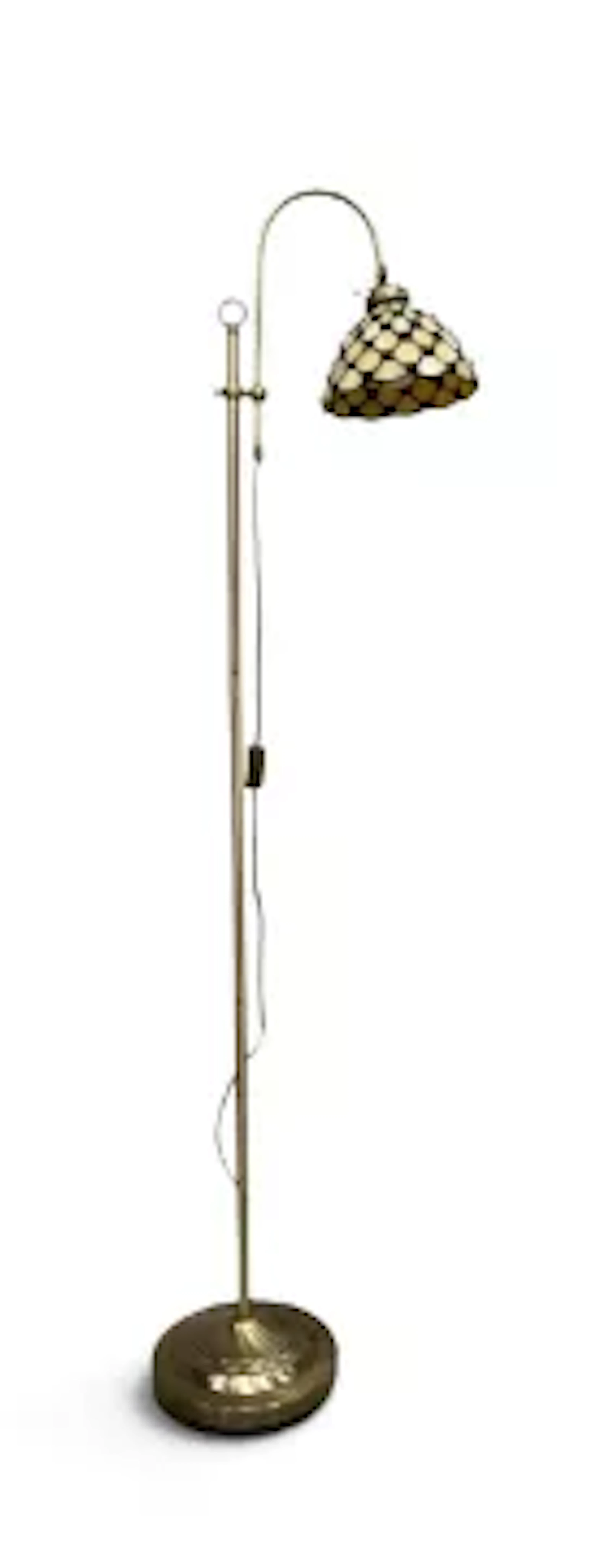 A contemporary floor standard lamp with a Tiffany style glass shade