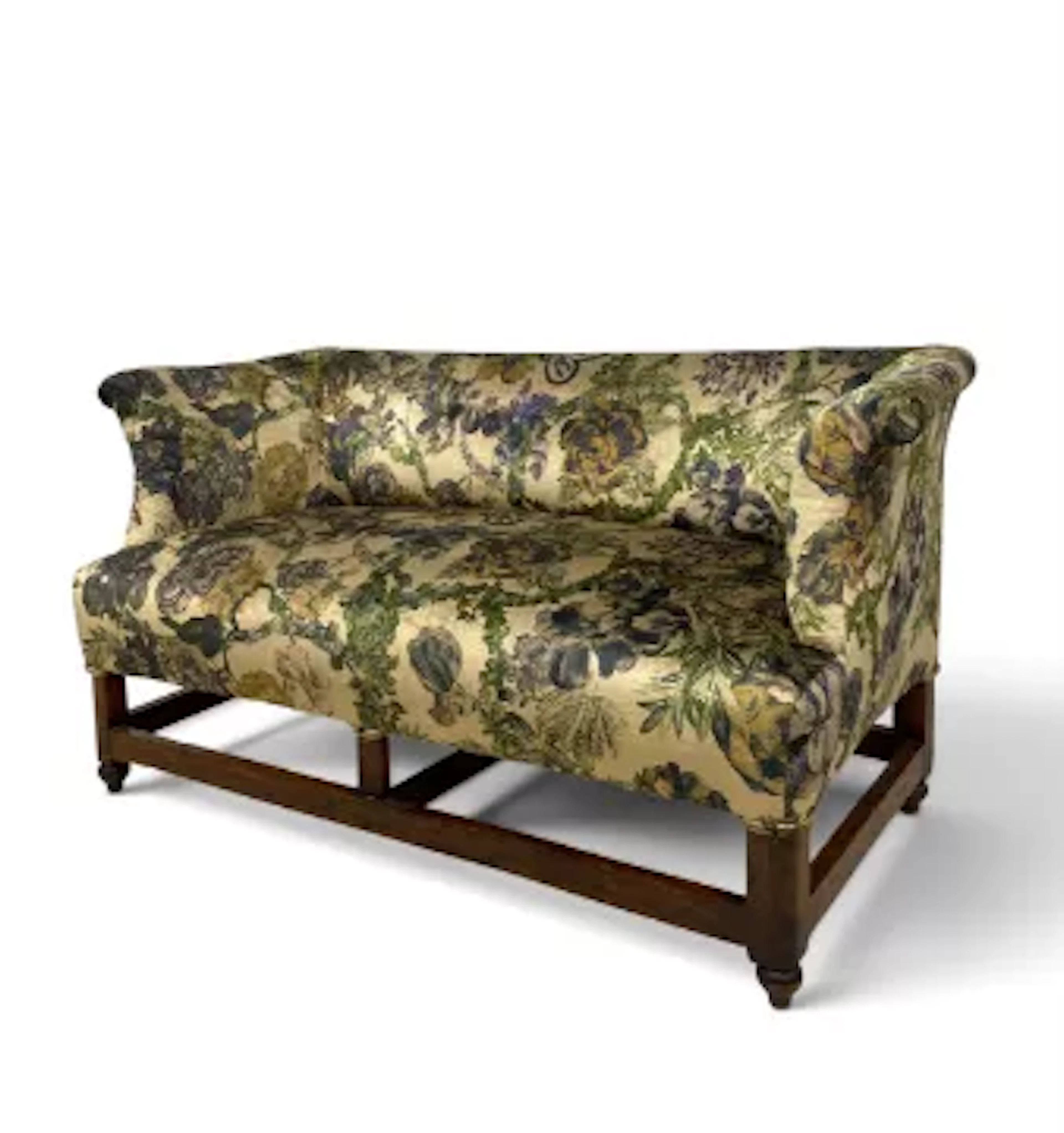 A small 19th century two seater sofa having a square back and scrolled