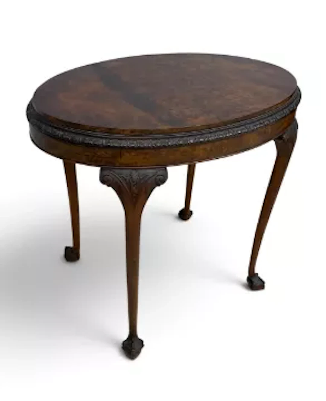A mid 20th century oval occasional table, burr walnut with carved