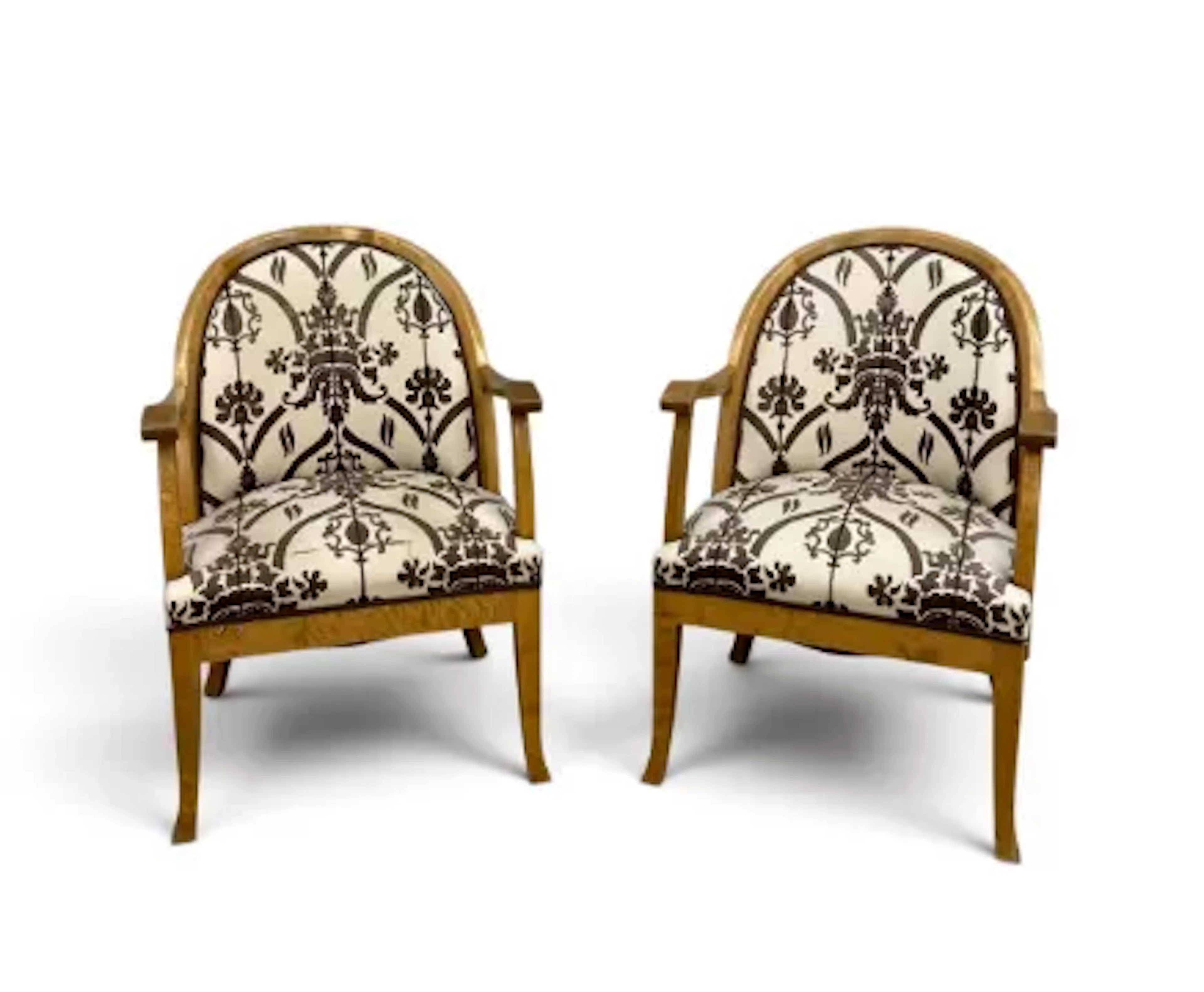 A pair of contemporary Scandinavian style satin birch armchairs with