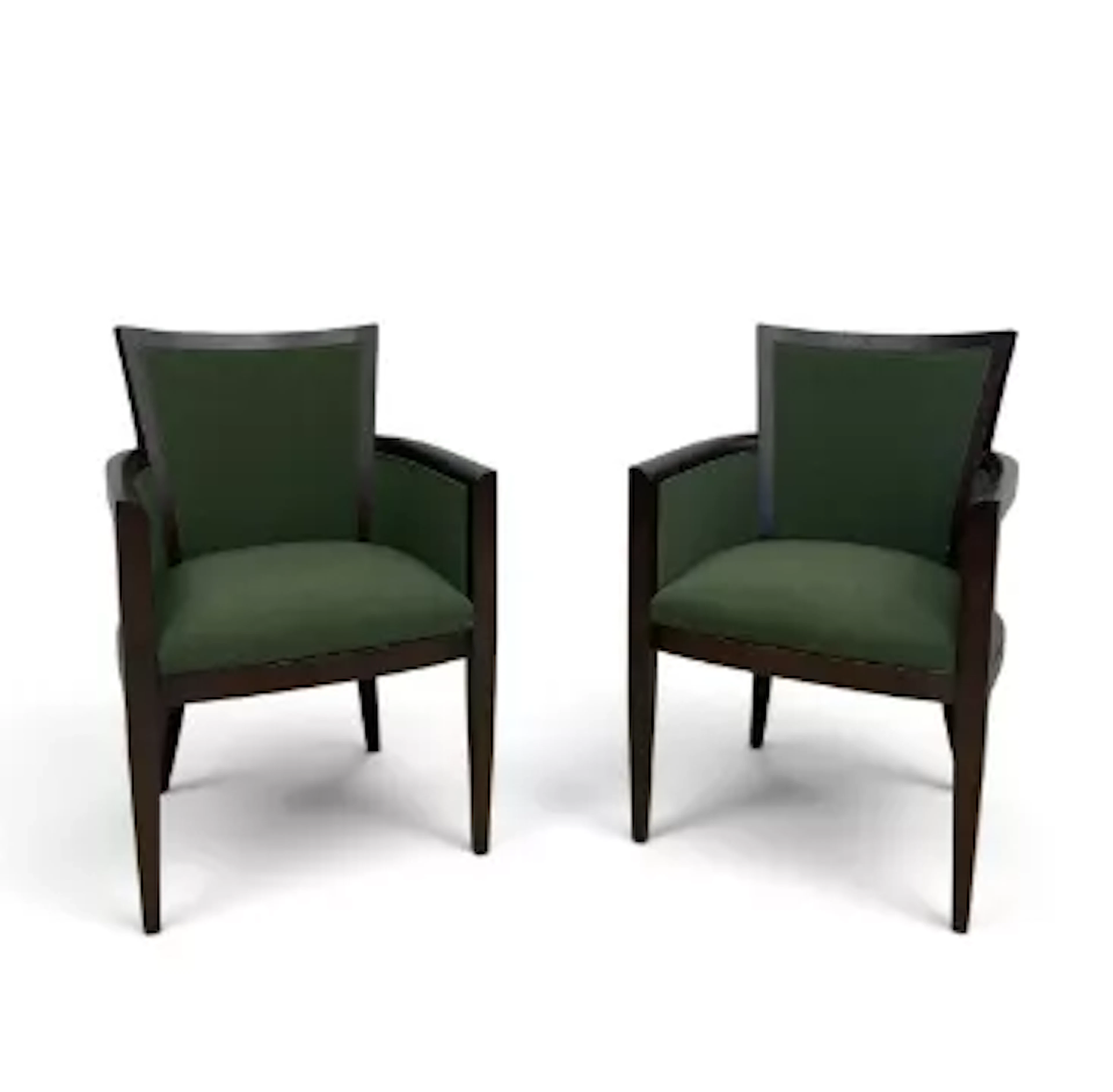 A pair of contemporary stained teak salon armchairs in calico upholstery.