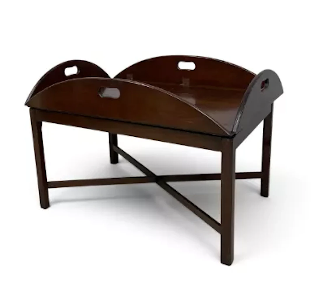 A 19th century mahogany folding butlers tray on stand. H.63 x W.95 x D.63cm