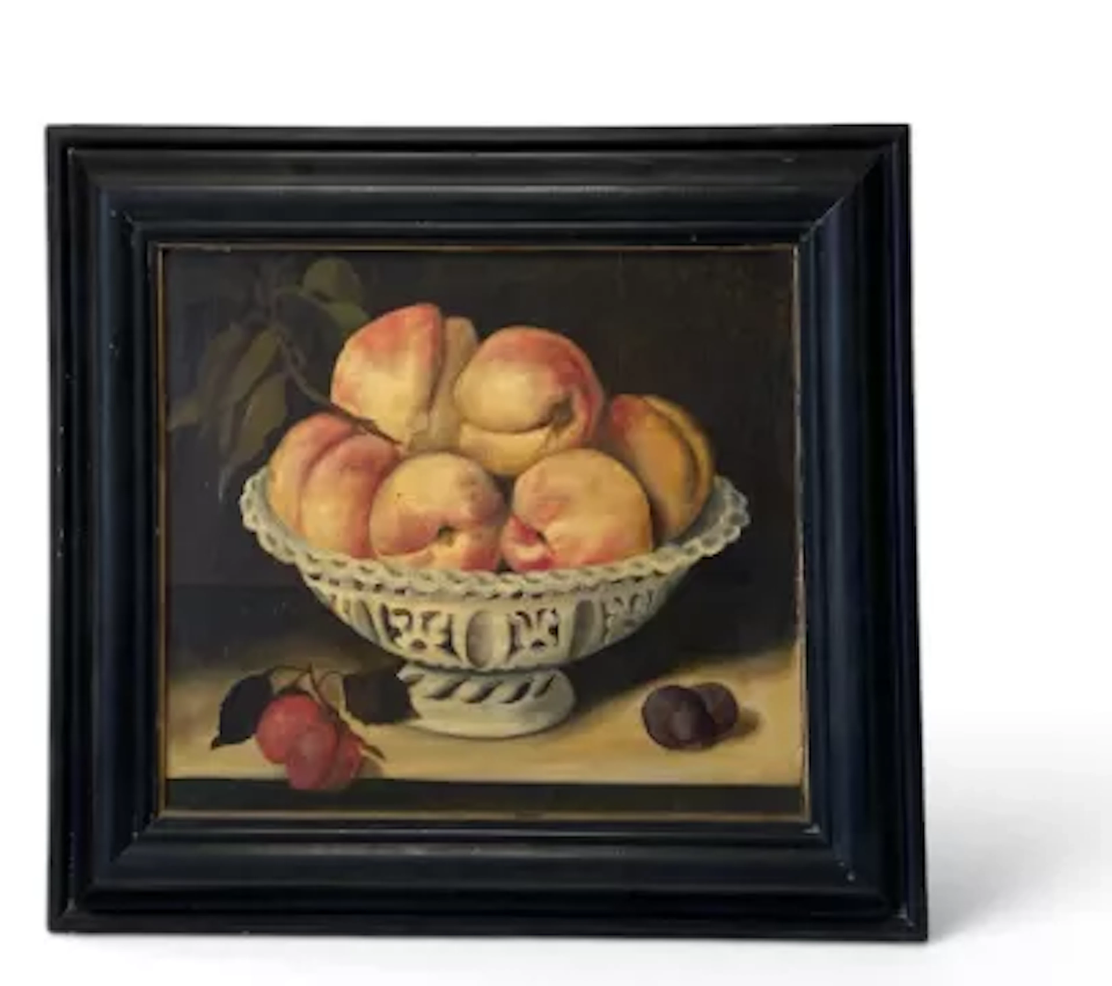 A Dutch style still life oil study on board of peaches in a bowl