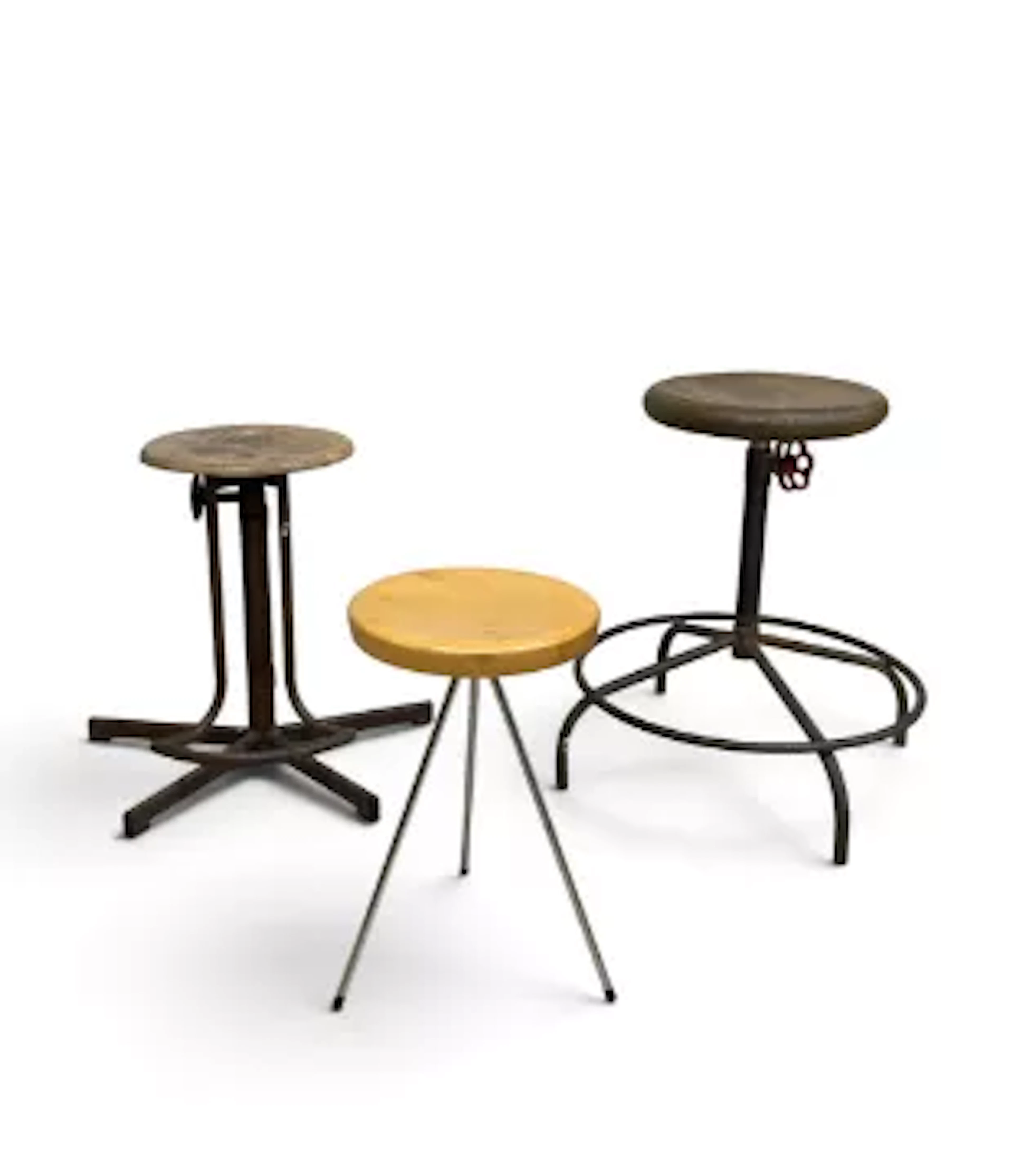 Two vintage industrial workshop stools on adjustable revolving metal