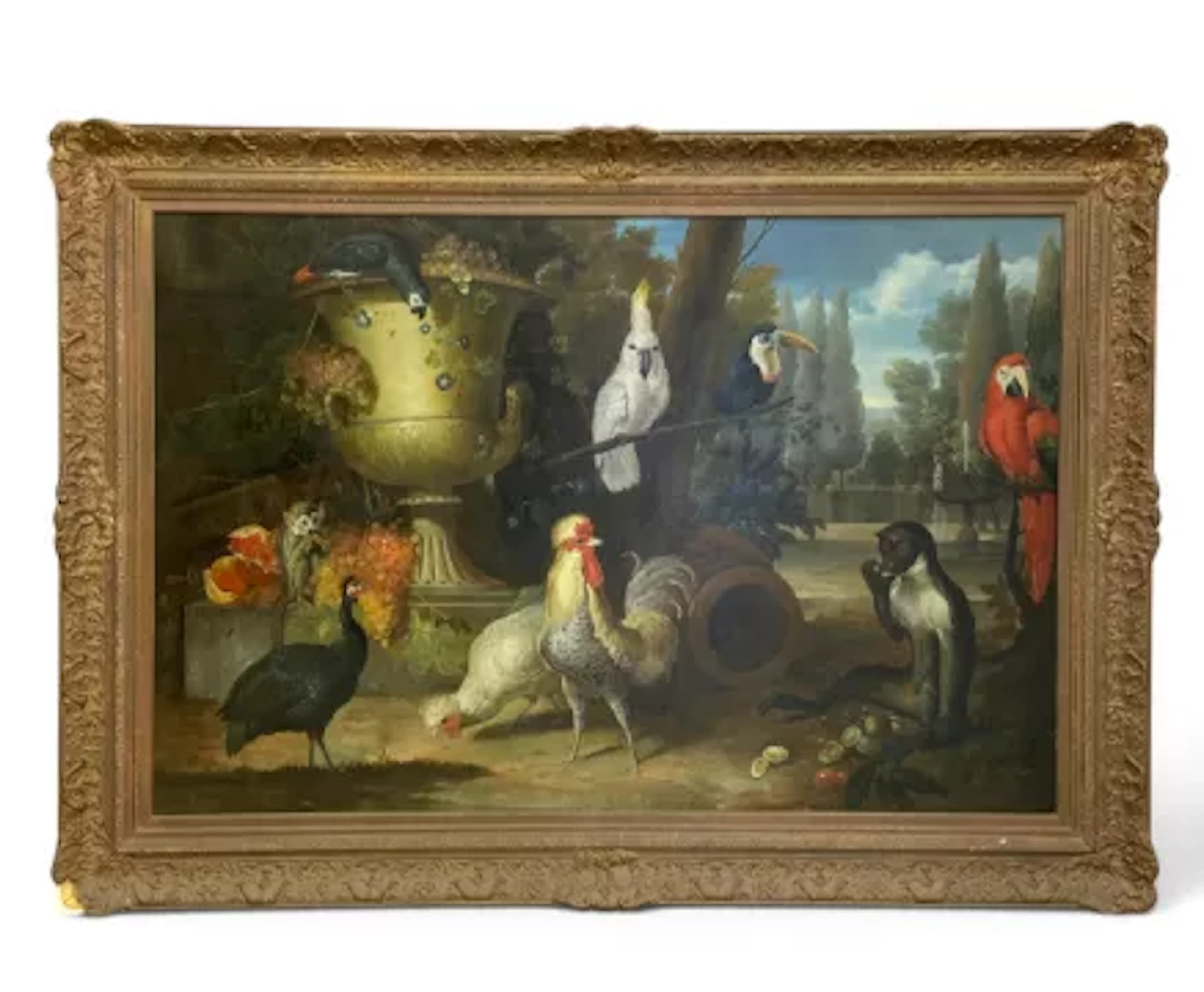 After David de Coninck, a large oil study of monkeys, a parrot and