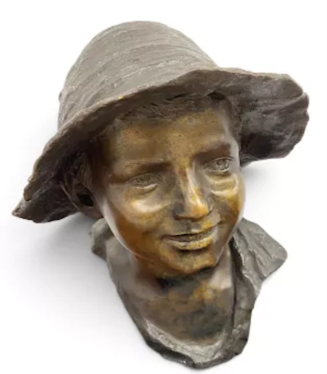 A 20th century bronze bust, young boy with a cap on a plinth base
