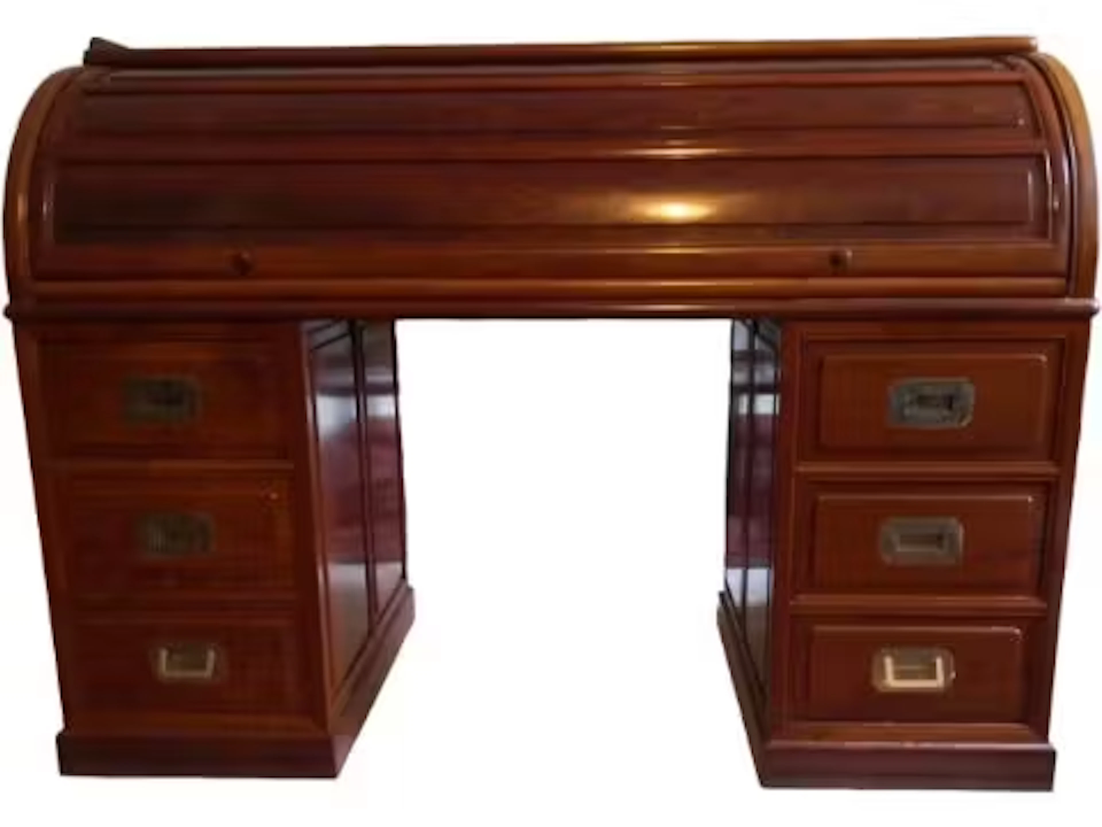 A Chinese three section hardwood cylinder top bureau with fitted interior