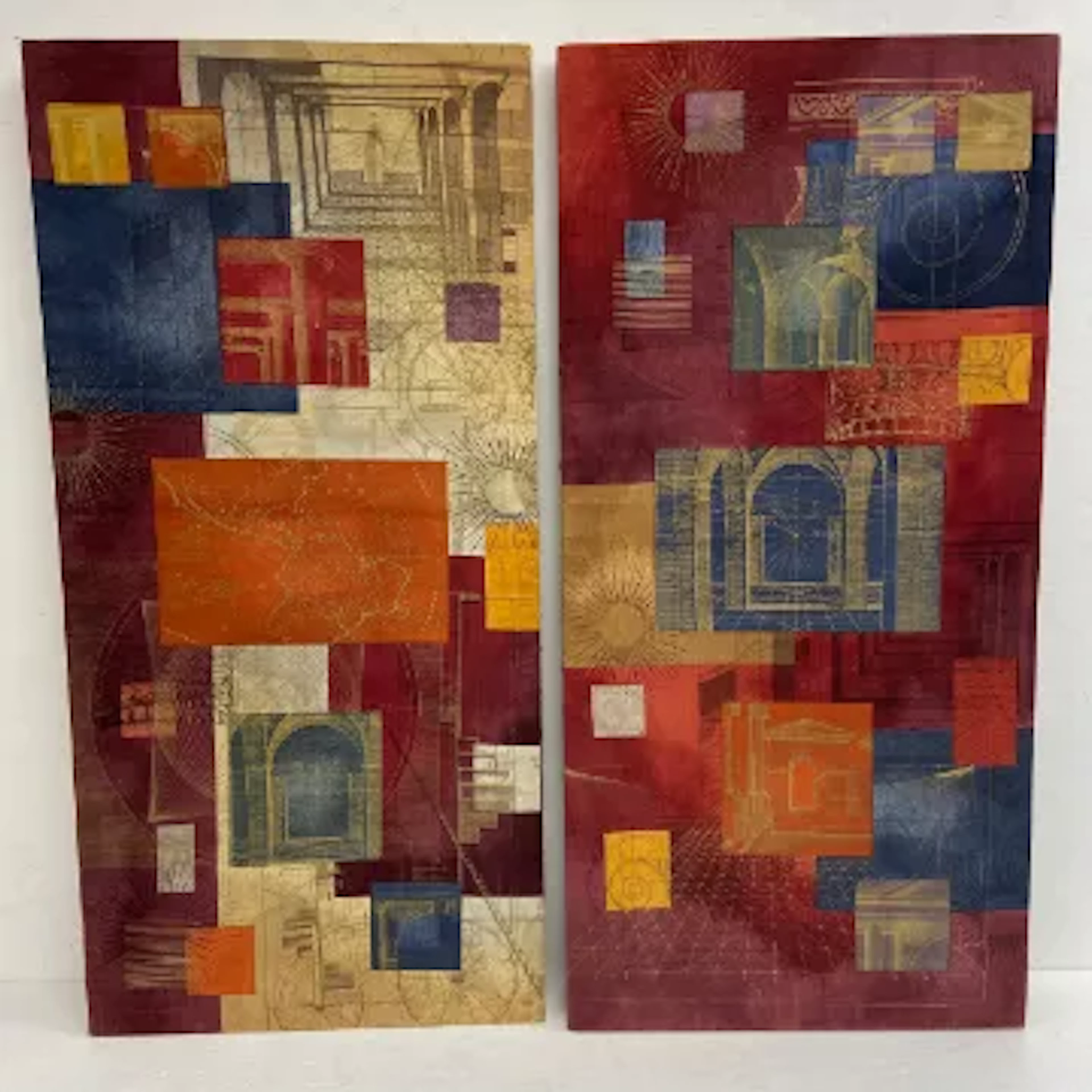 A pair of printed and stretched silk wall hangings with allover abstract