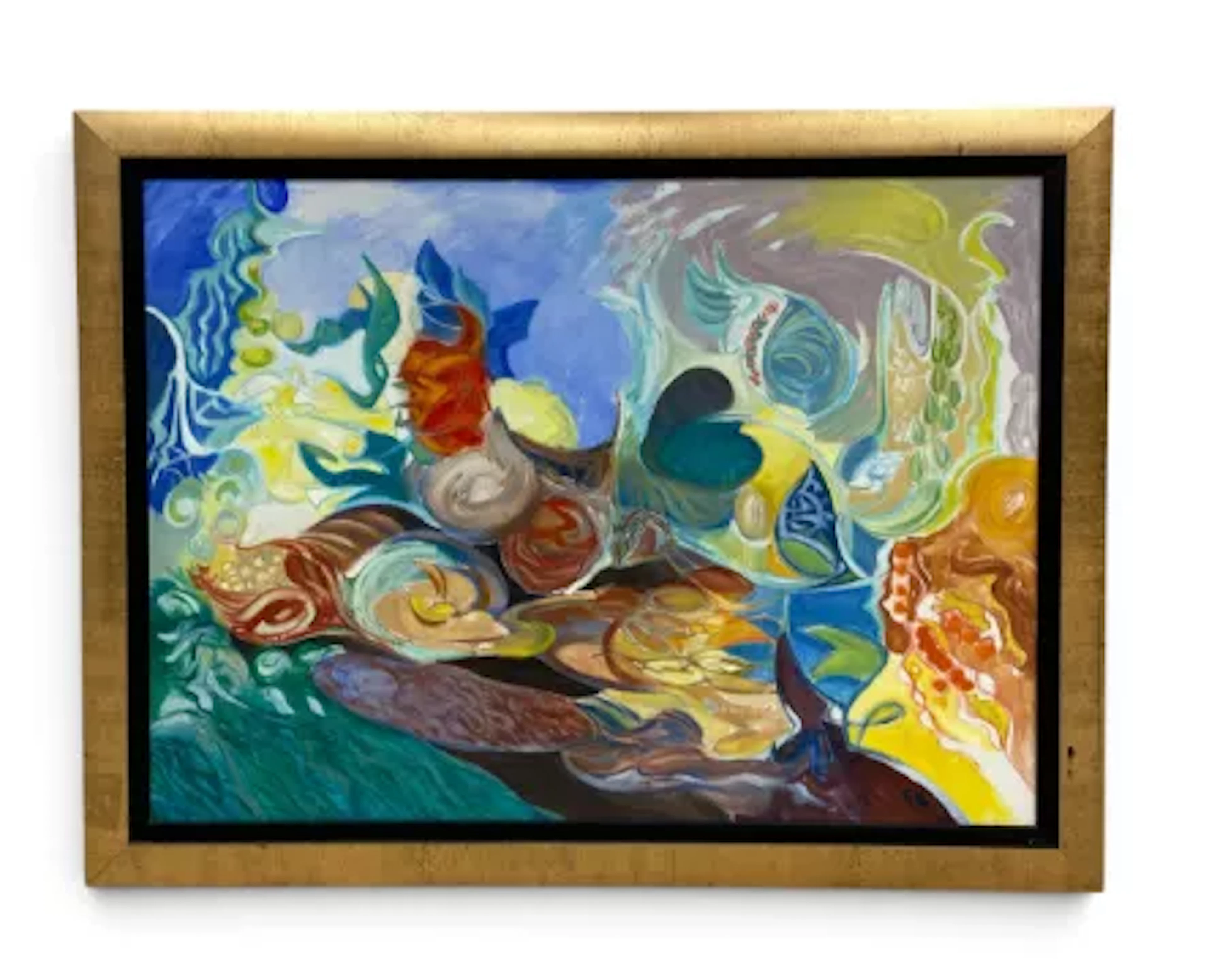 A large gilt framed oil on canvas, abstract study of sea life, monogrammed.