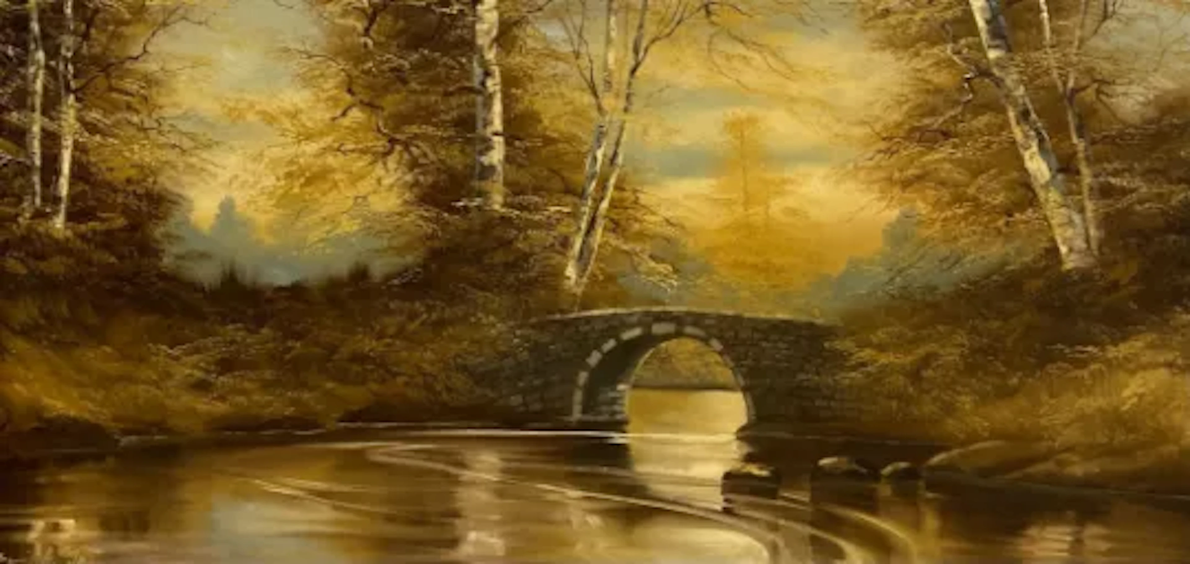 A large vintage oil on canvas, a river under a bridge near Stroud