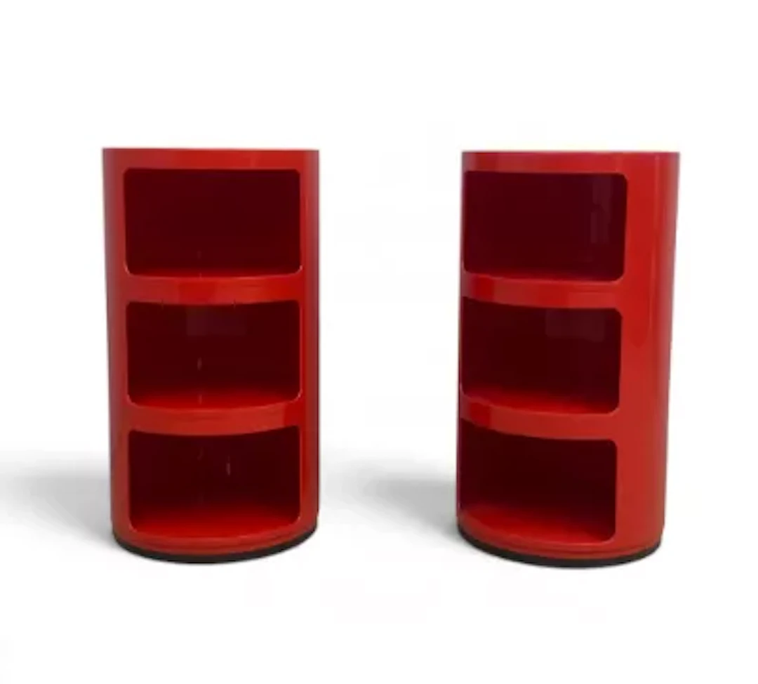 A pair of retro 1960s style red composite moulded Componibili bedside