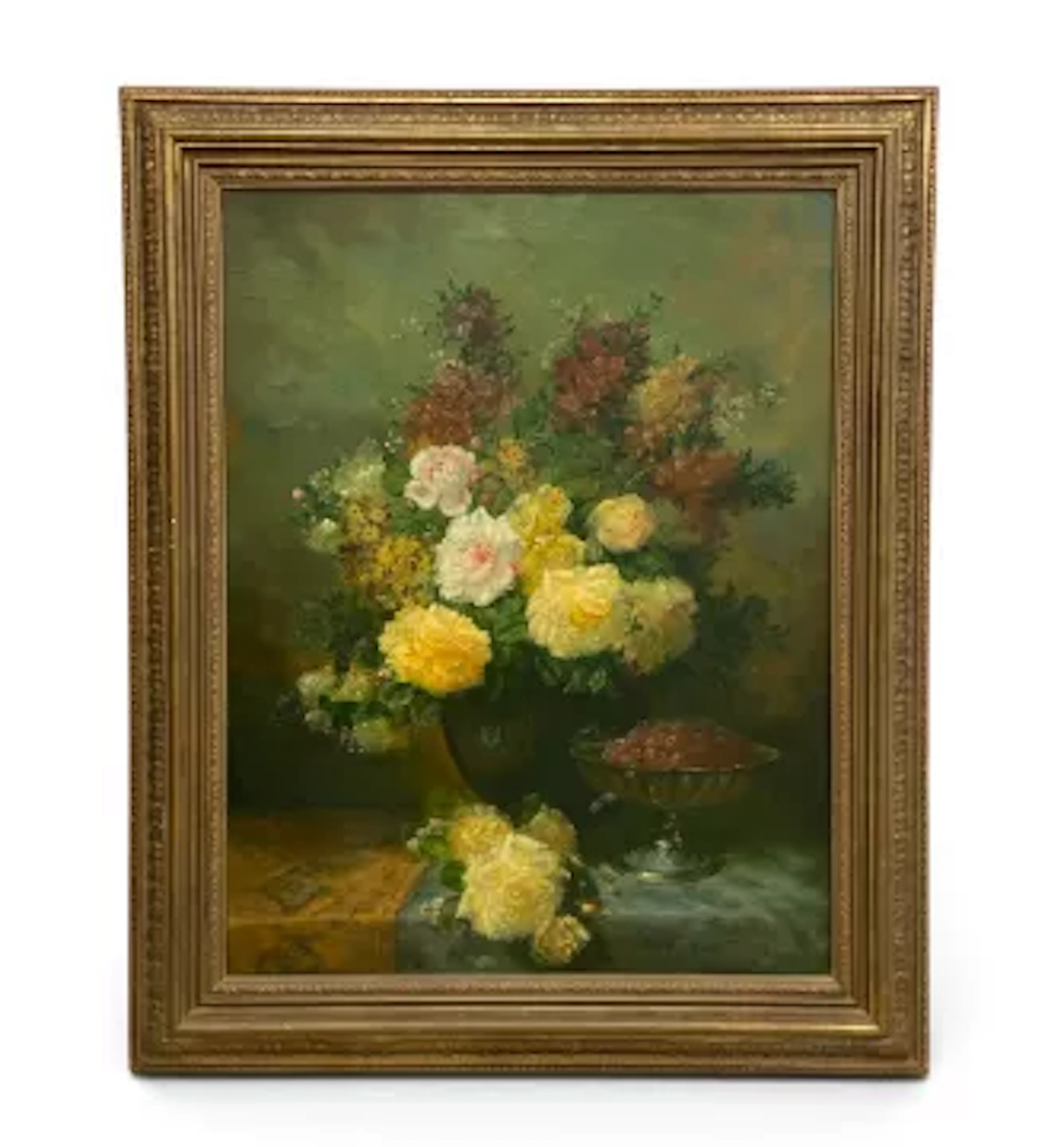 A pair of large still life oil paintings on canvas of flowers in the