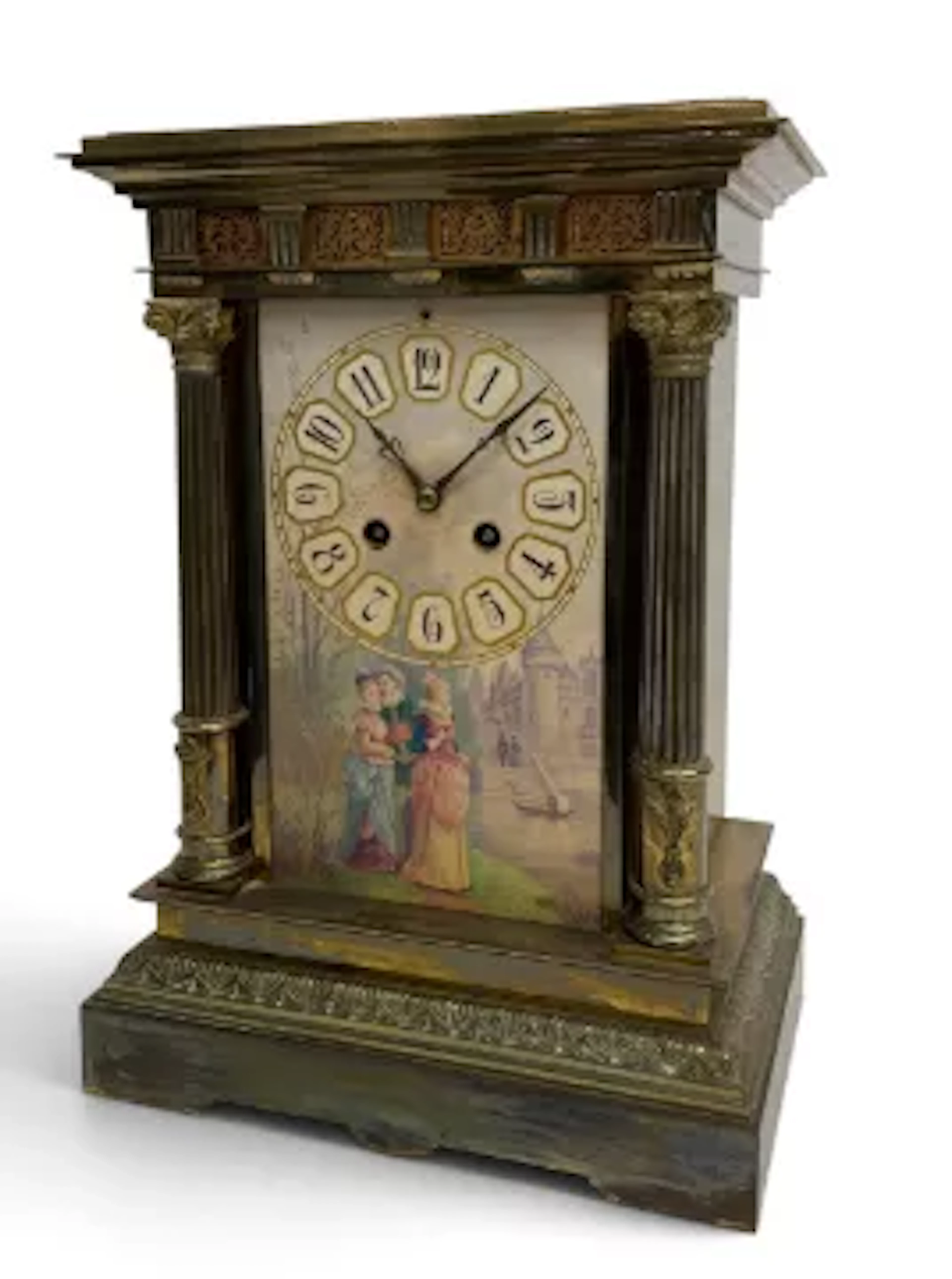 A 19th century French brass portico mantel clock with hand decorated