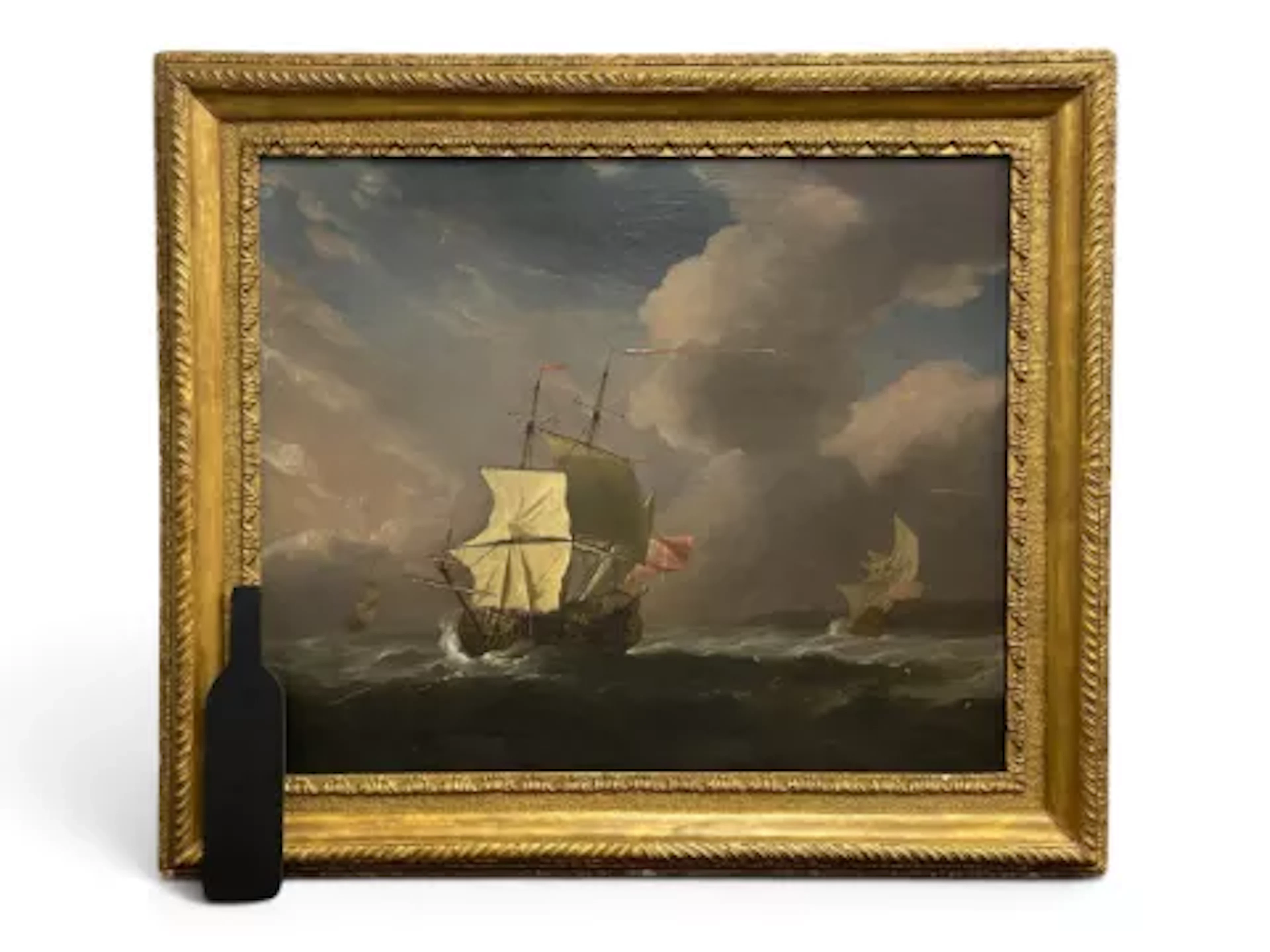 A 19th century gilt framed oil on canvas, ships at full mast sailing