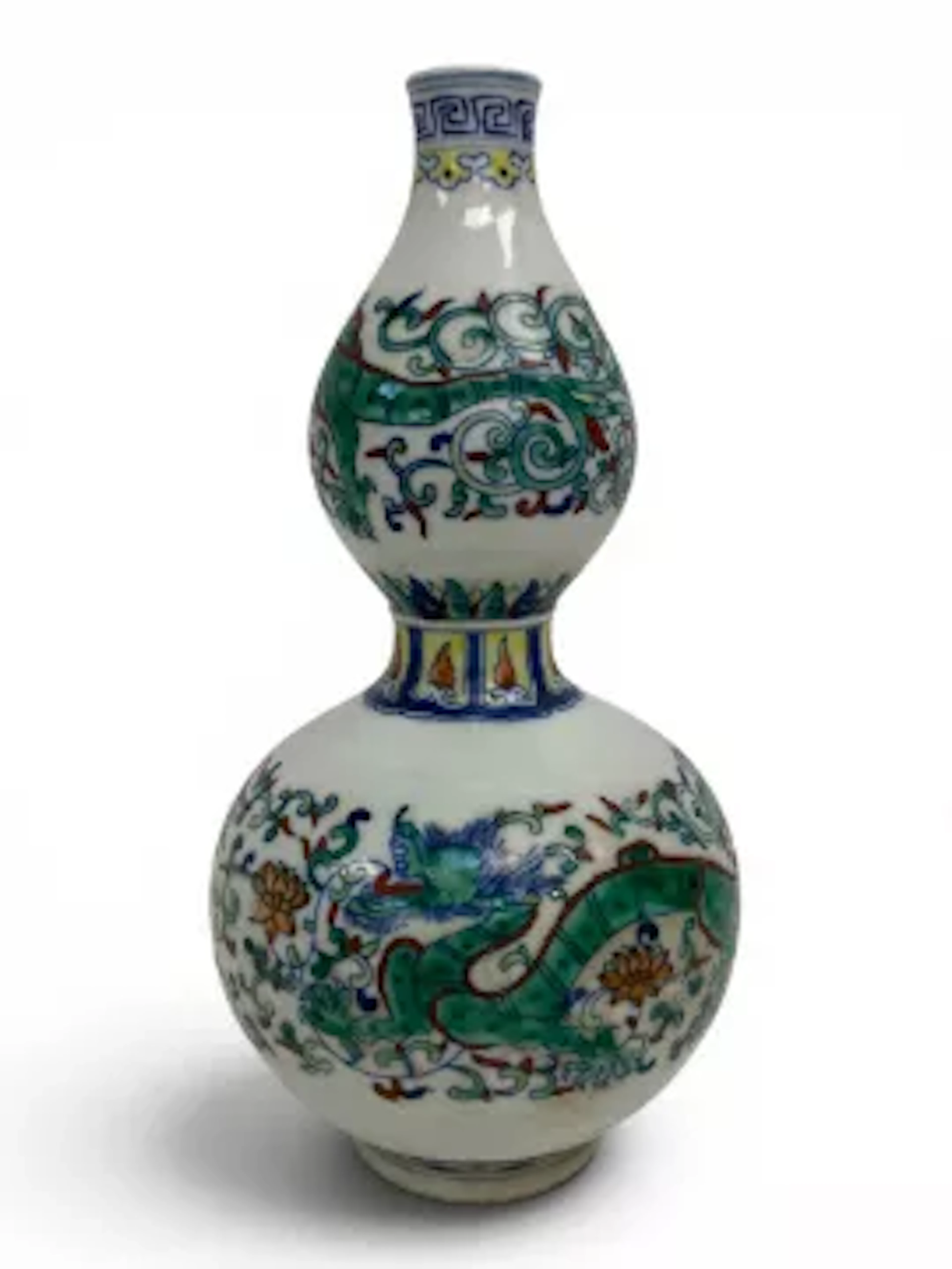 A Chinese Doucai style porcelain double gourd bottle vase glazed with