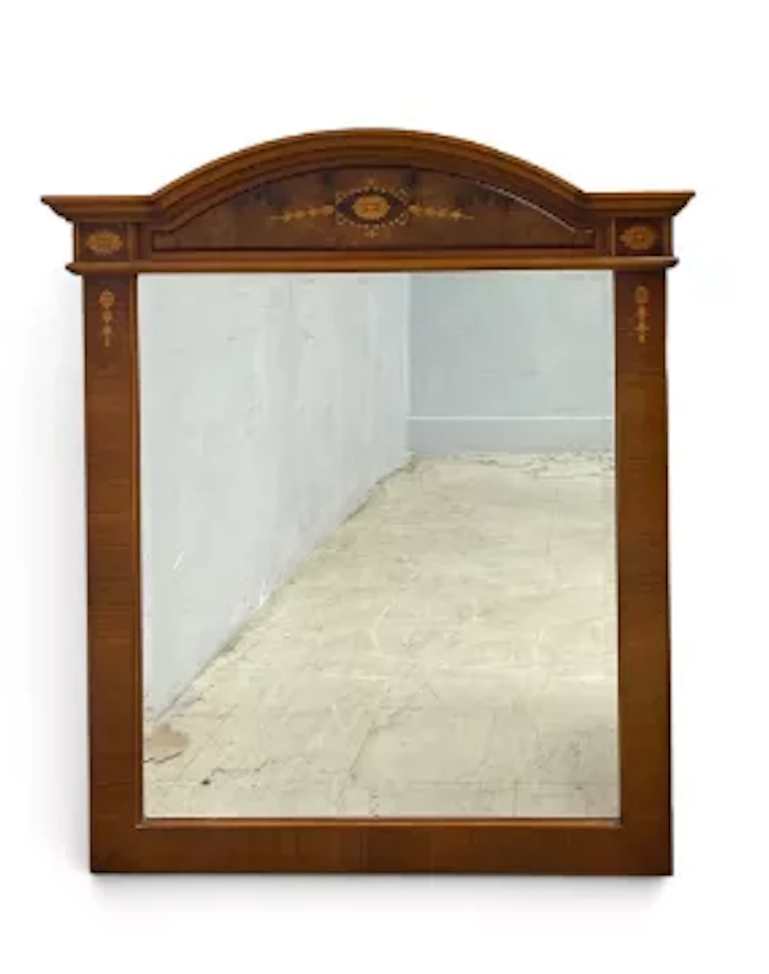 A contemporary burr walnut and inlaid wall mirror in the Adam style.