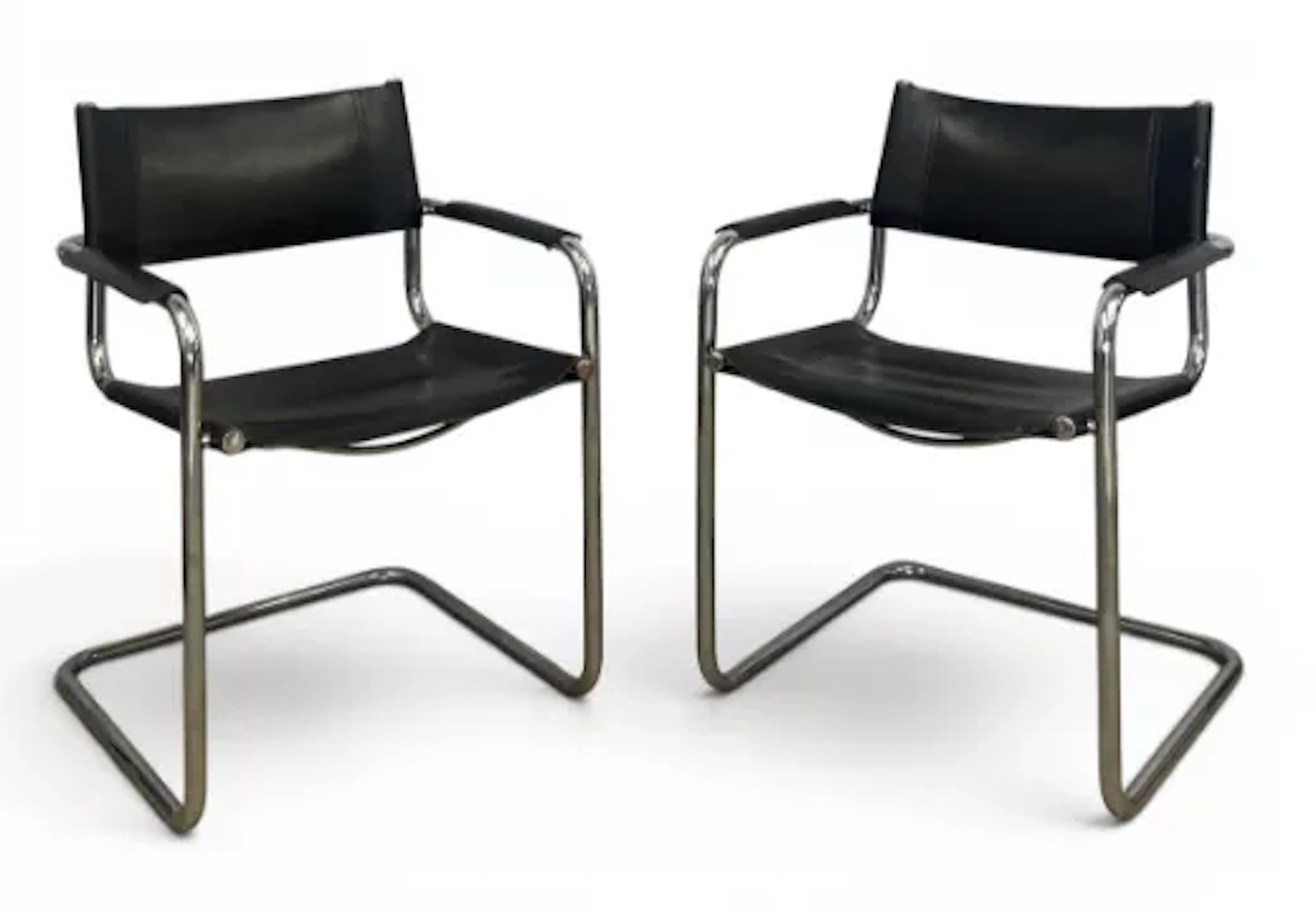 A pair of vintage Bauhaus style Italian leather and bent chrome Model