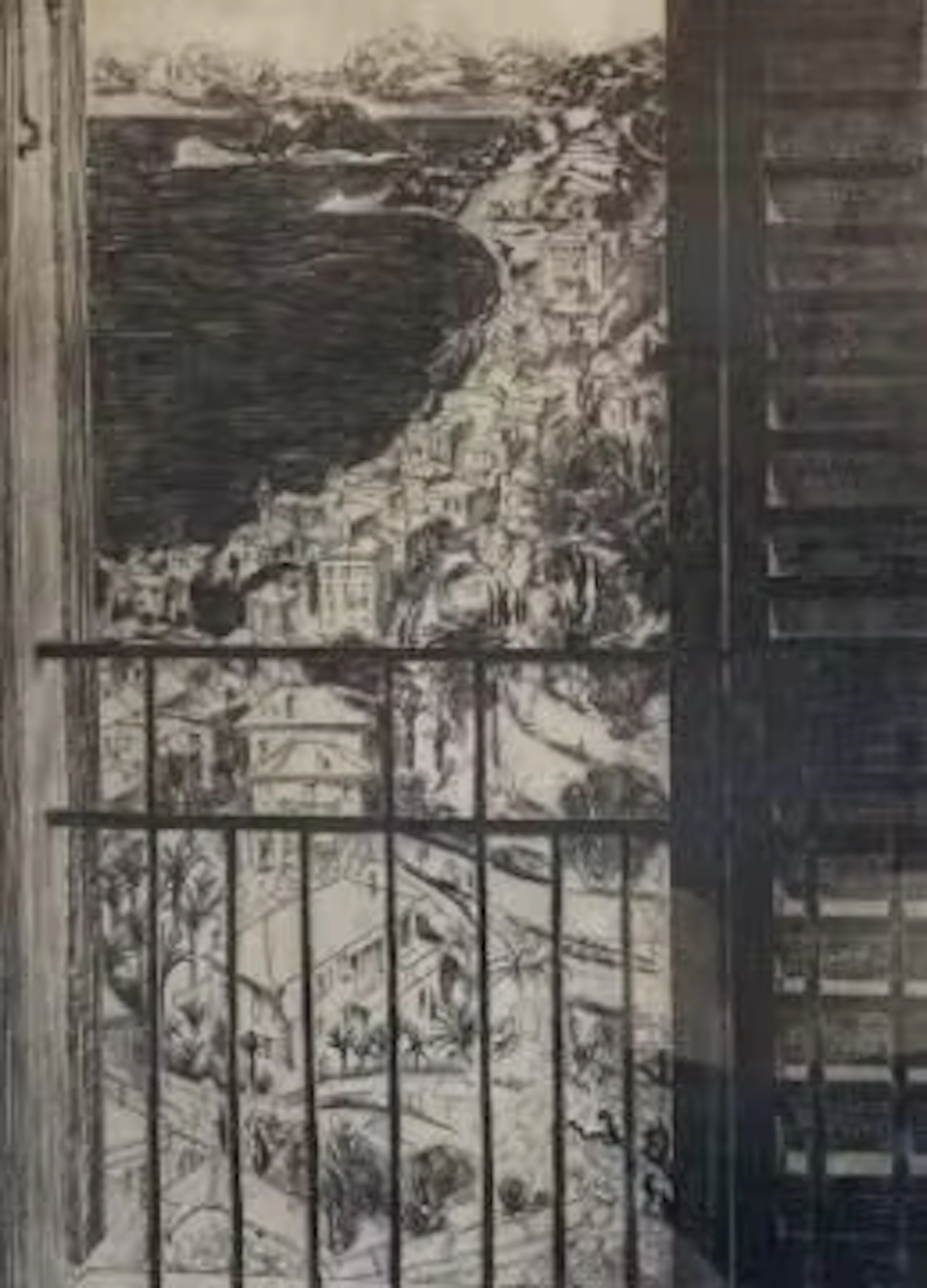 John Copley (1875-1950), etching, view from a balcony, signed, framed