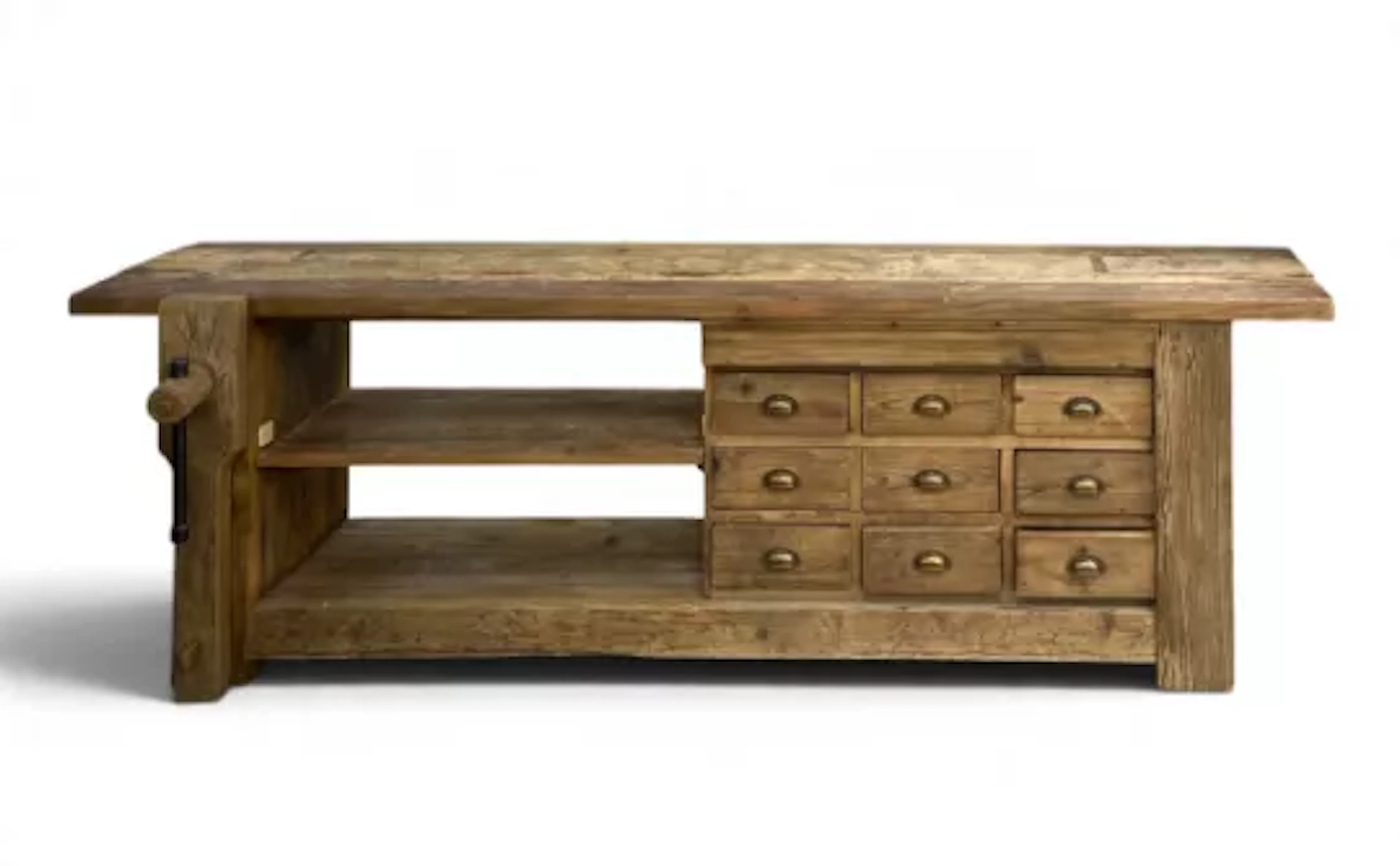 A contemporary sideboard in the form of a workshop bench with planked
