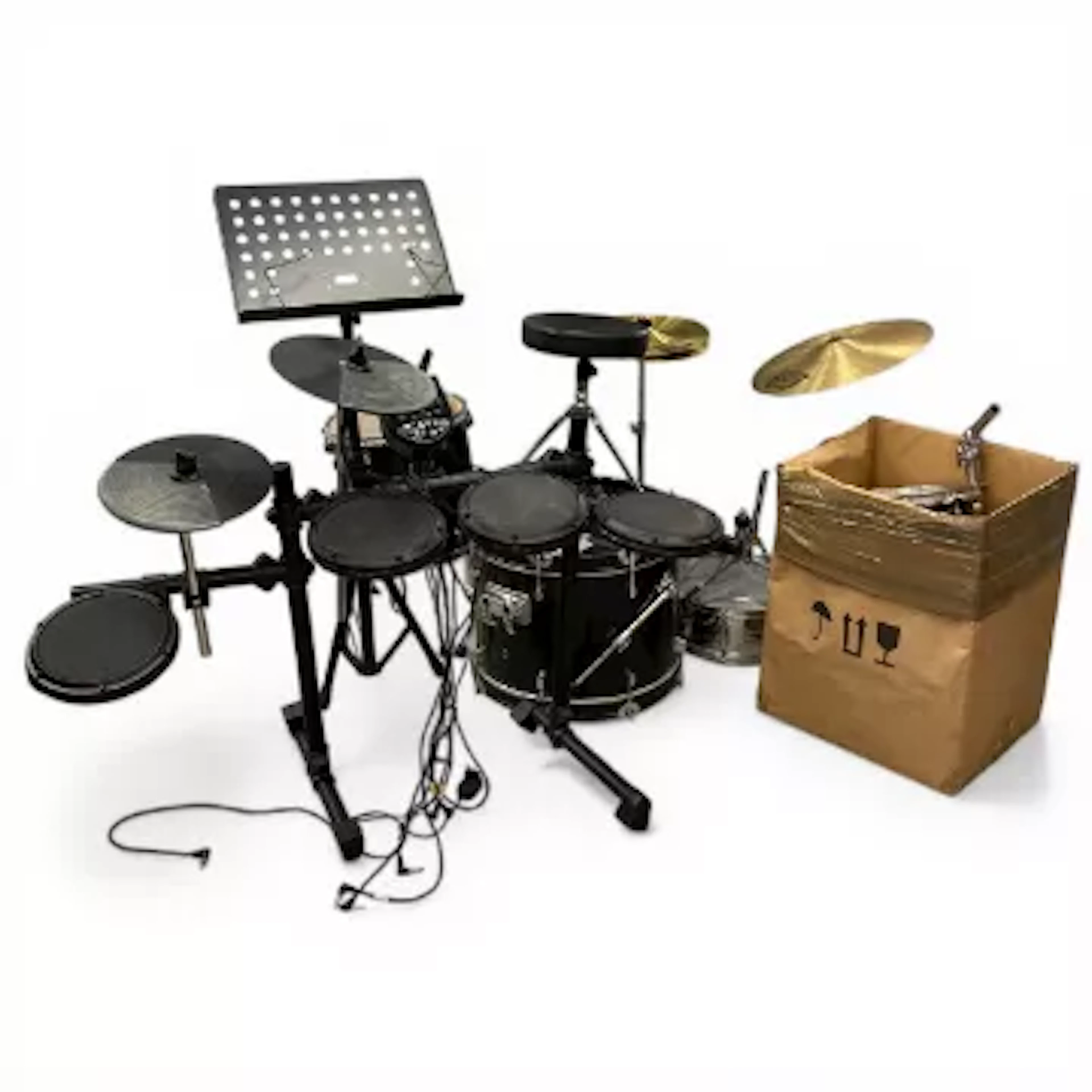 A vintage Ion Pro Session electric drum kit together with an acoustic