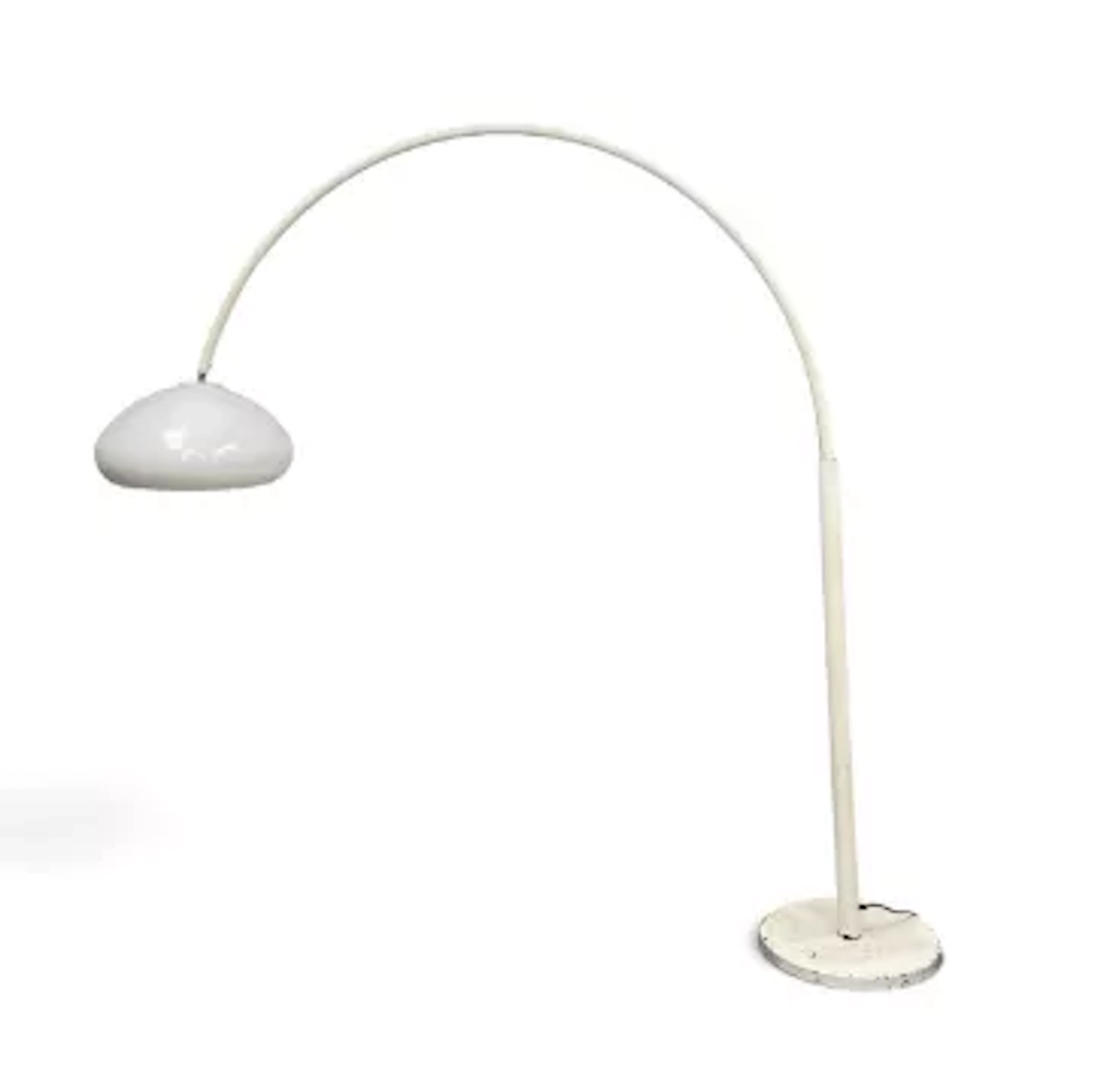 A 1970's vintage floor standing arc lamp with perspex shade on a metal