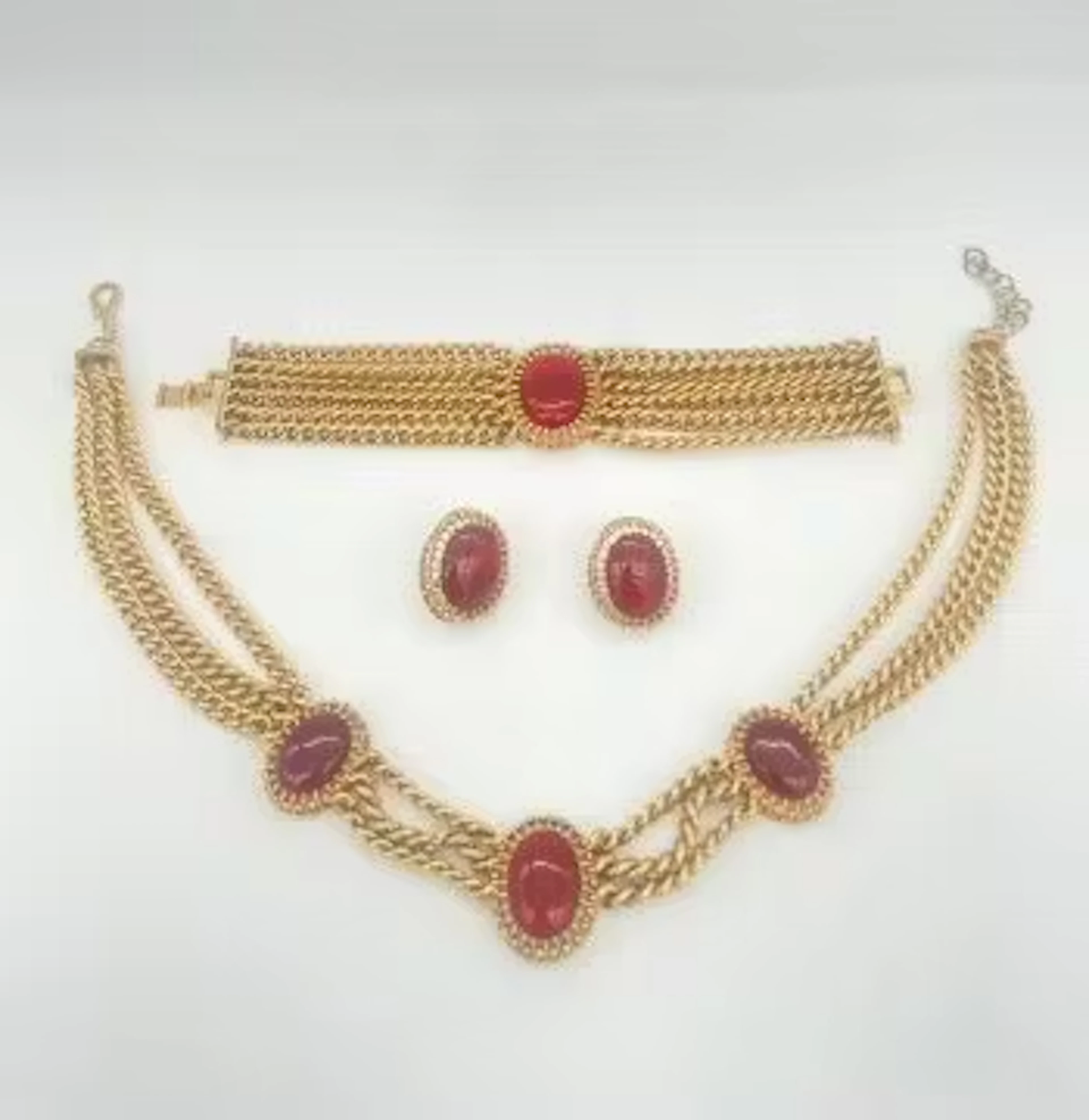 Monet suite necklace, bracelet and clip on earrings gold tone chain