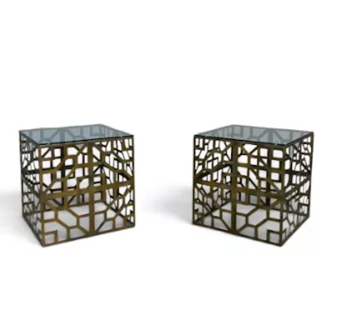 A pair of contemporary accent side tables, cube shaped brass latticework
