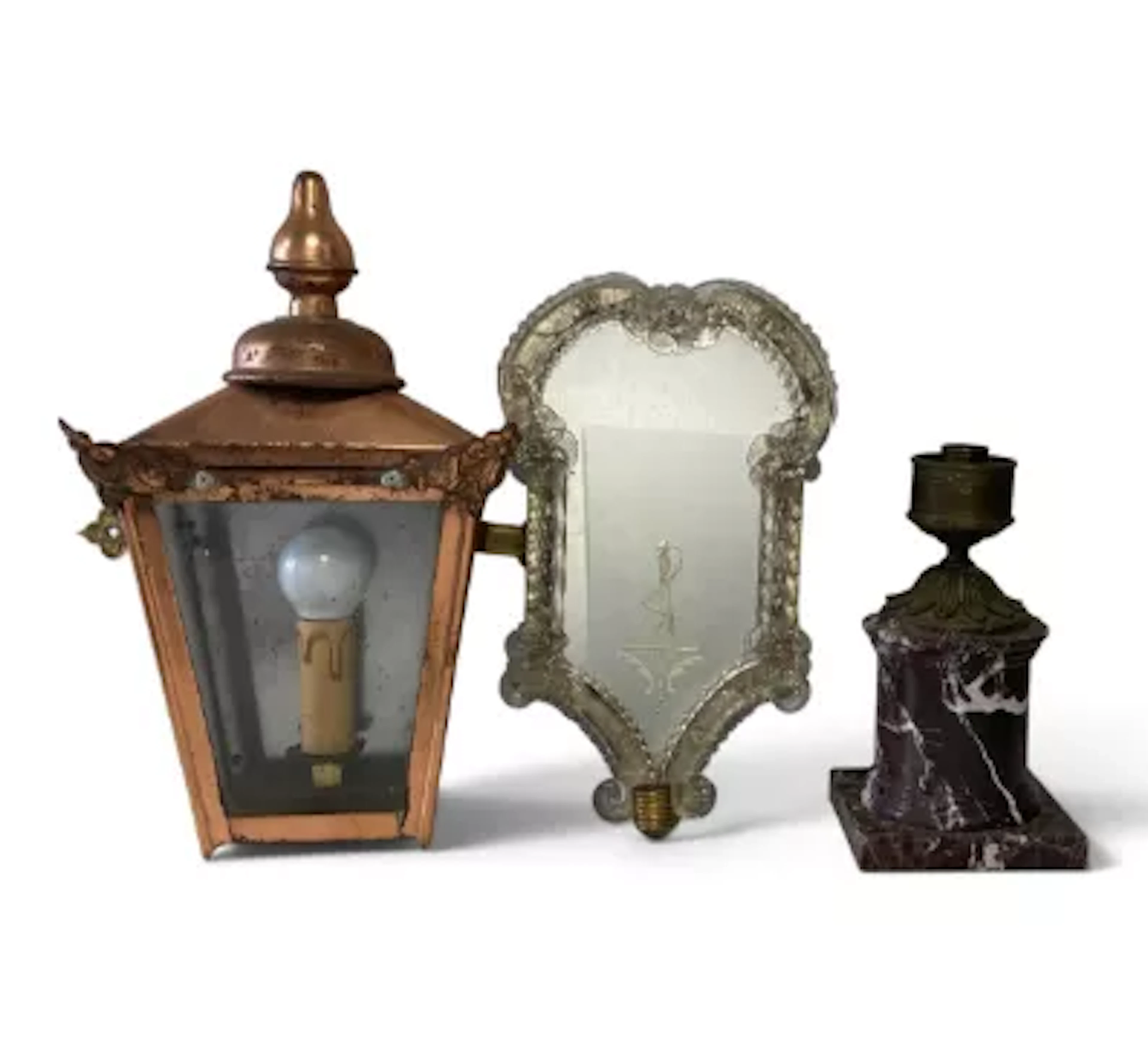 A 19th century bronze candlestick on a rouge marble base, a miniature