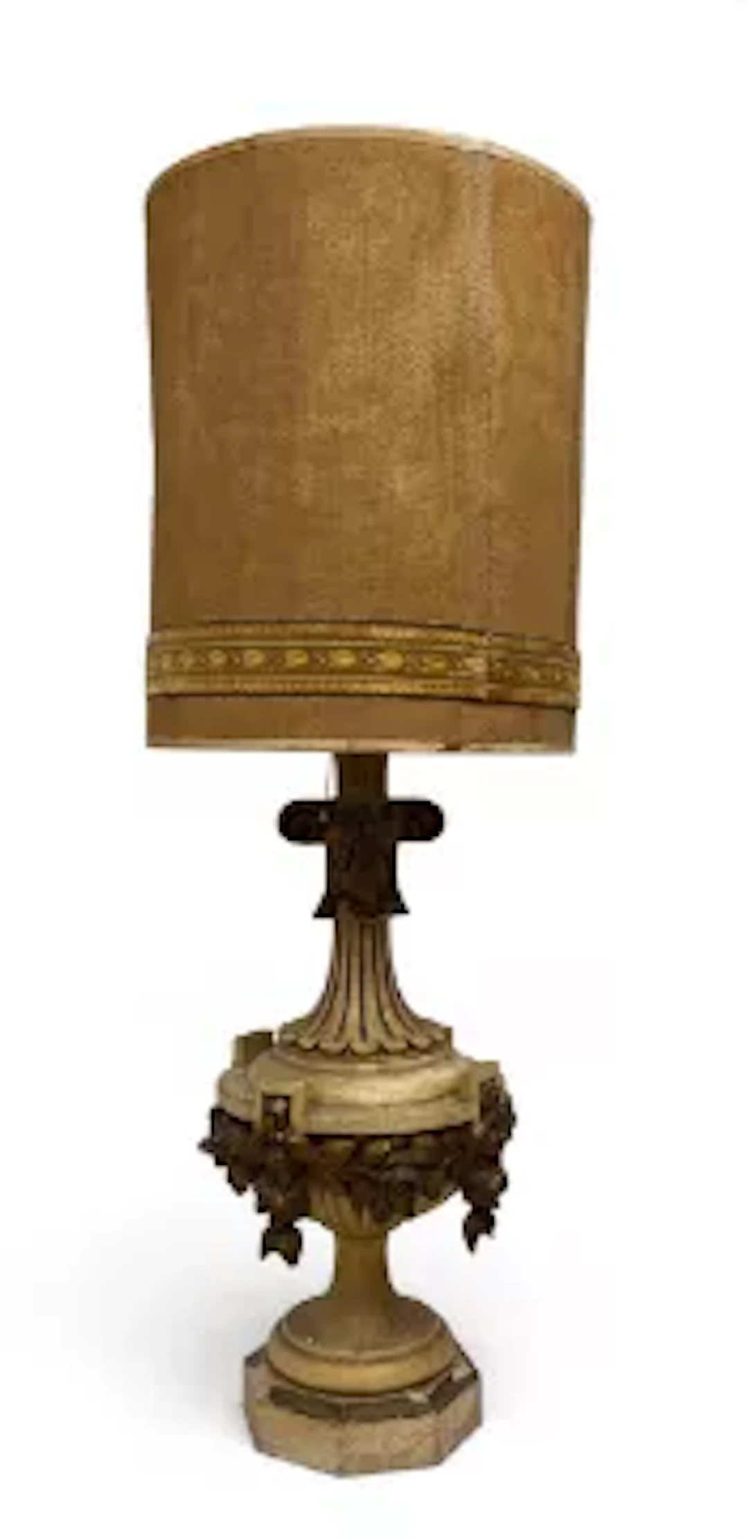 A large vintage table lamp of carved and painted urn form base with