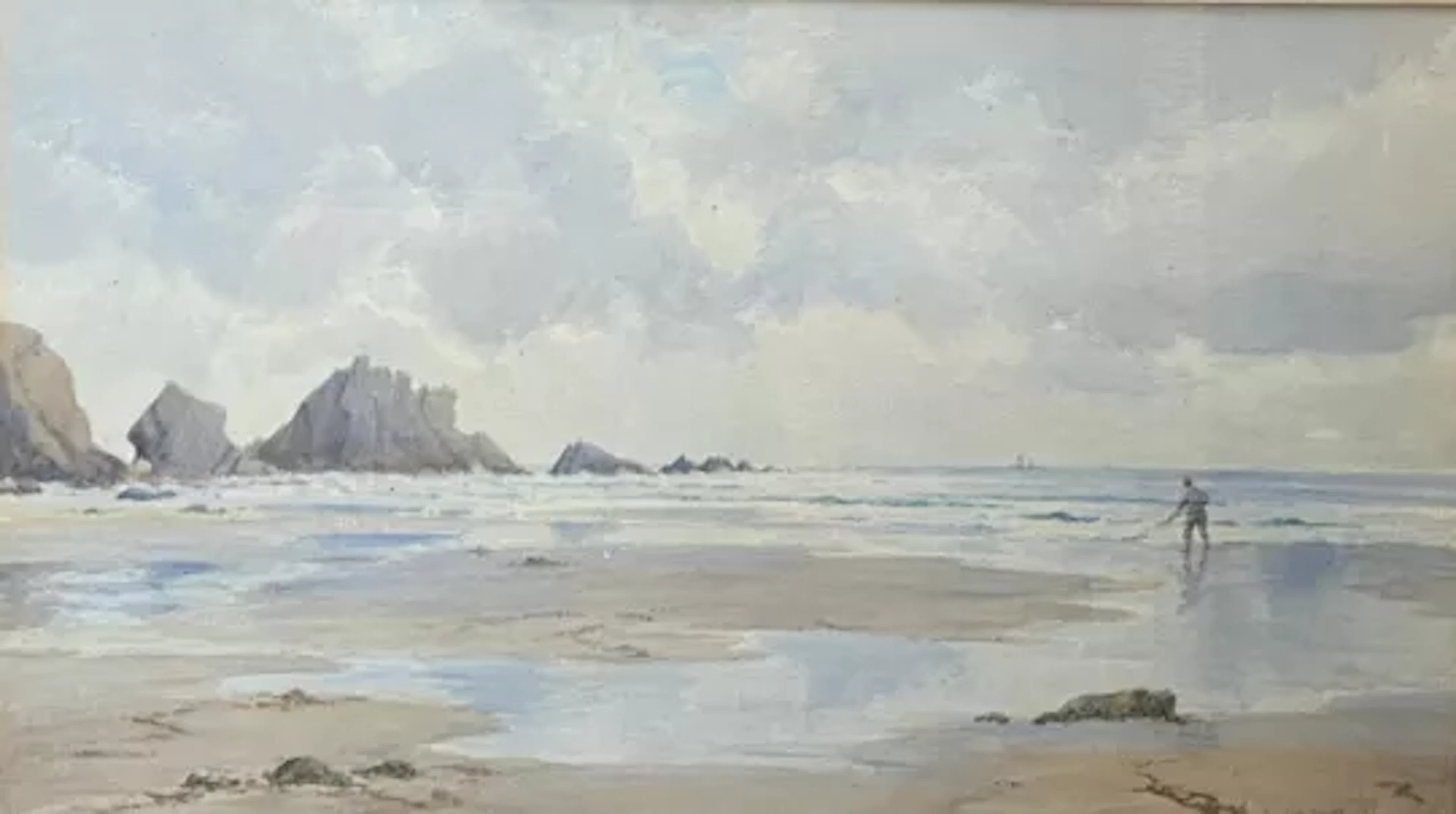 A framed and glazed watercolour seascape, British coast with figure