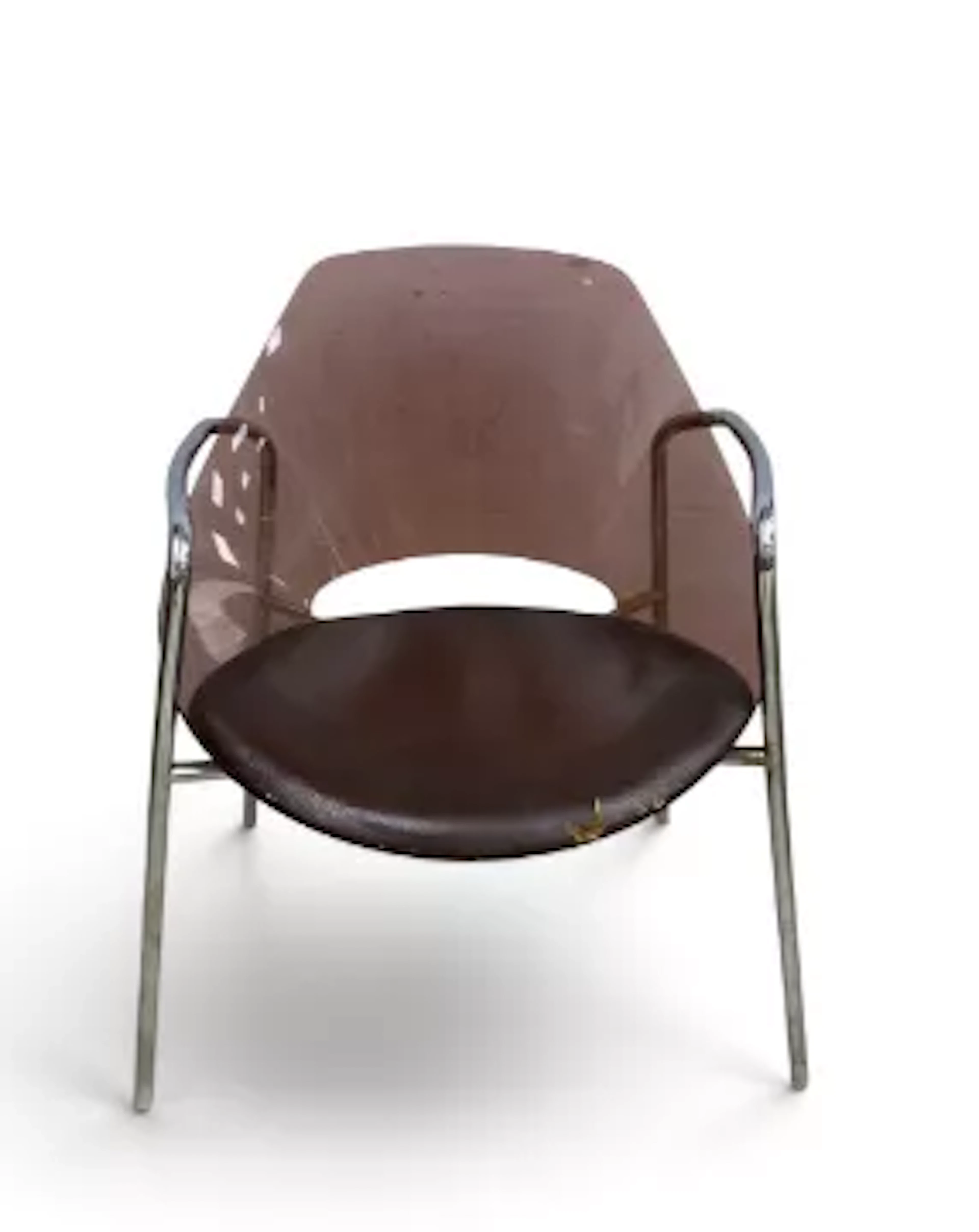 A mid century tub armchair with moulded acrylic back on a tubular