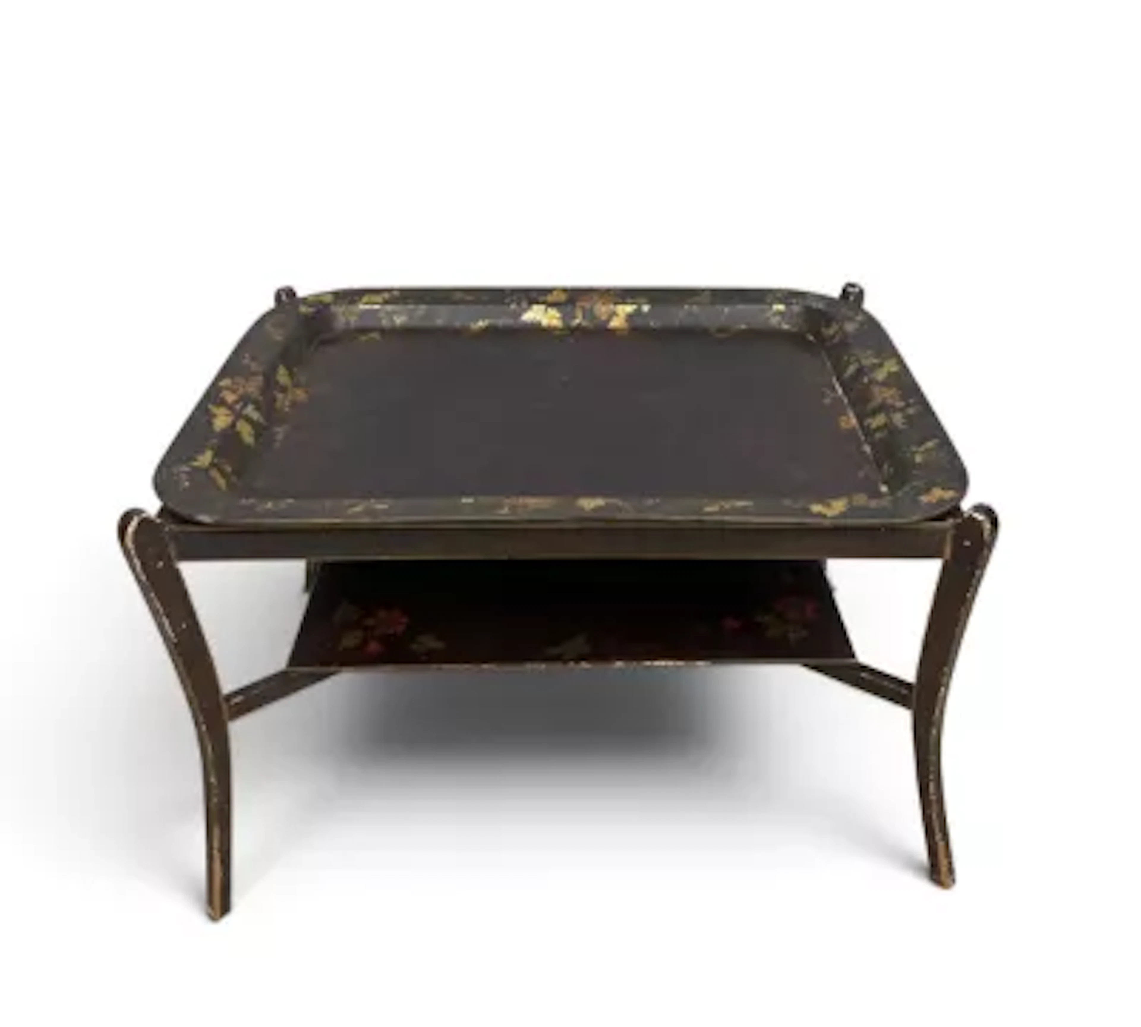 A 19th century papier mache tray on stand with hand decorated gilt