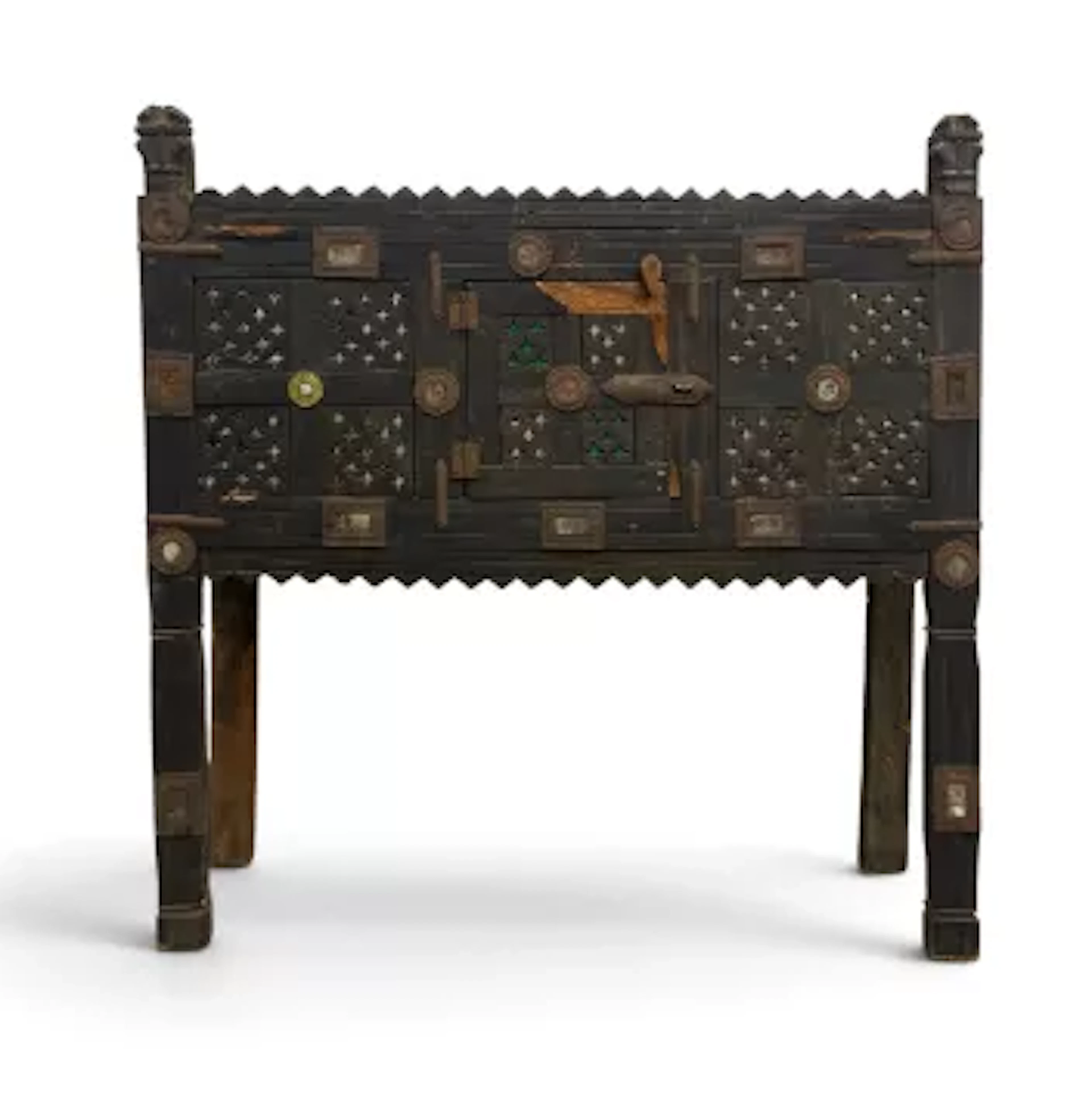 An early 20th century Indian livery dowry chest cabinet, profusely
