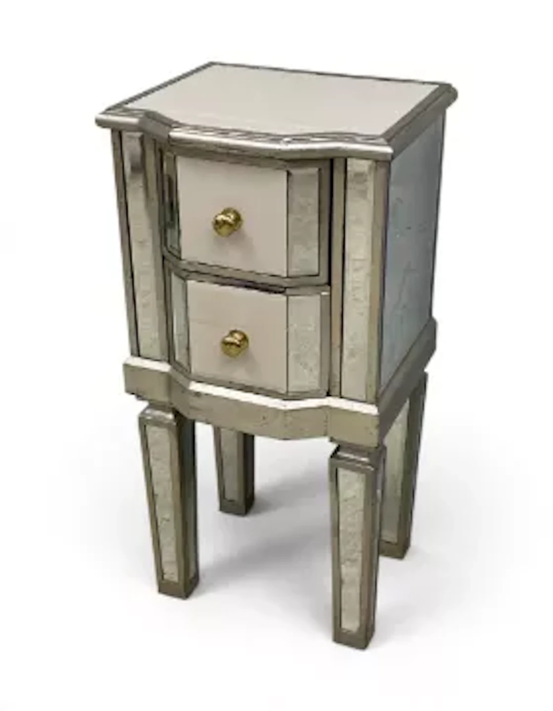 A small mirrored glass and painted two drawer bedside cabinet on square