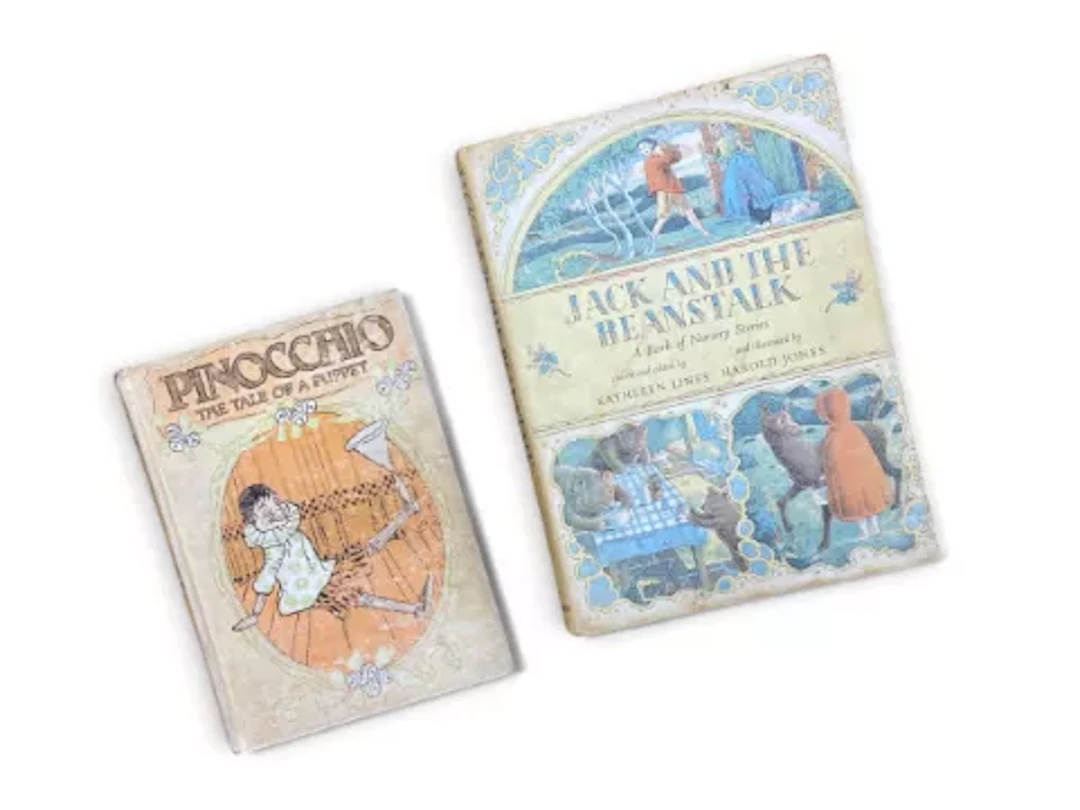 Two vintage children's books; Pinnochio and Jack and the Beanstalk.