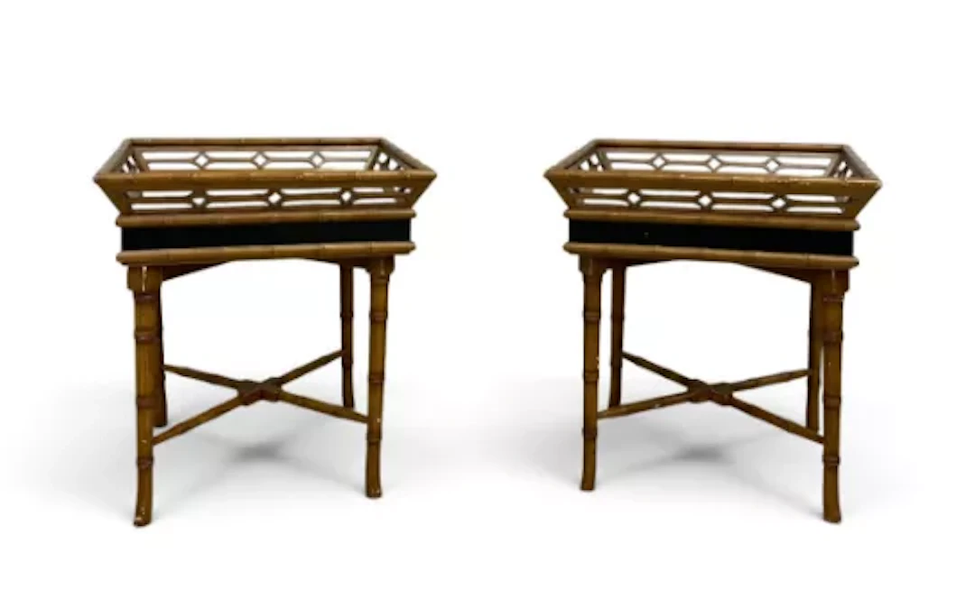 A pair of contemporary faux bamboo side or lamp tables with lift-off