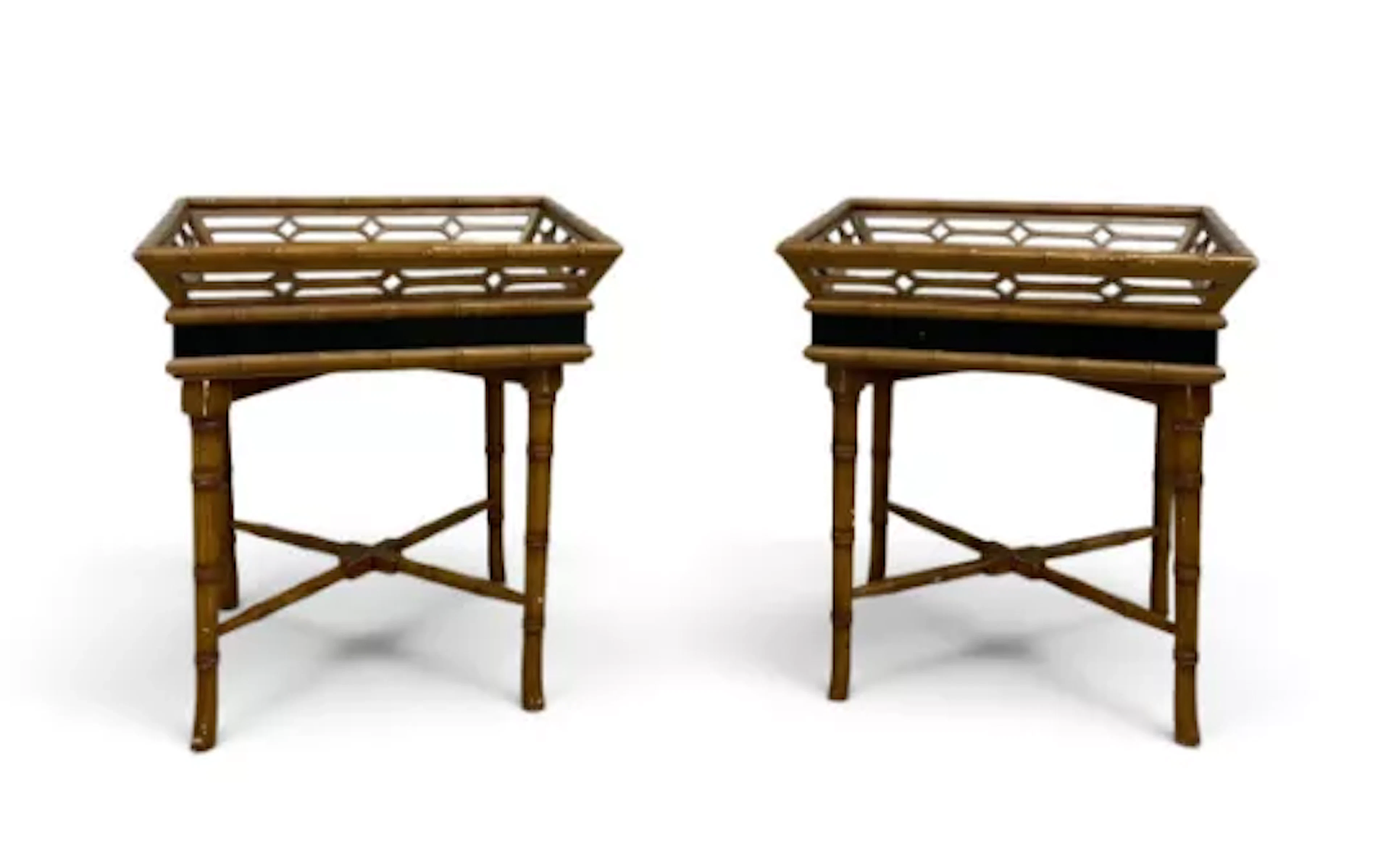 A pair of contemporary faux bamboo side or lamp tables with lift-off