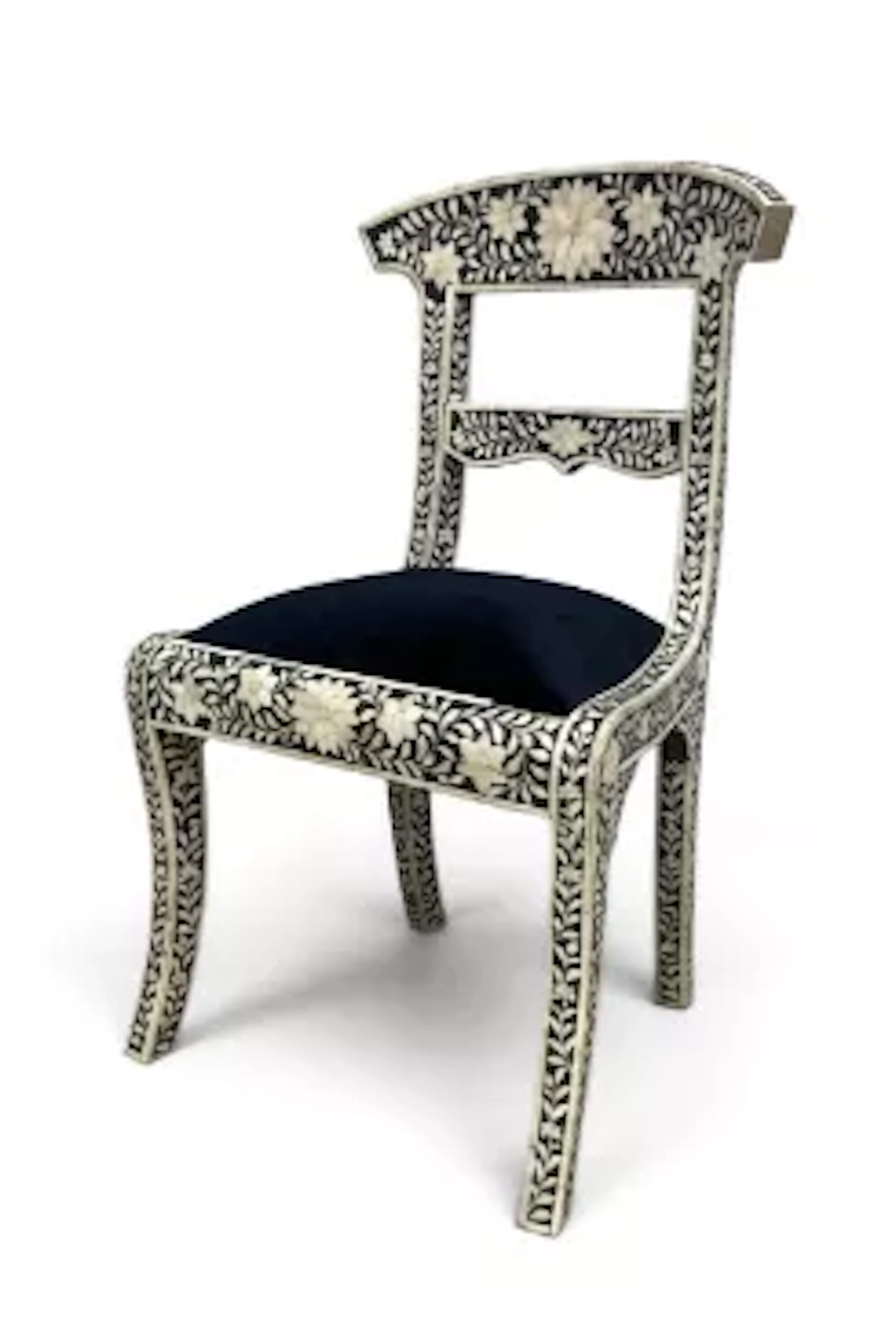 A bone inlaid Anglo Indian side or dining chair with bar back on sabre